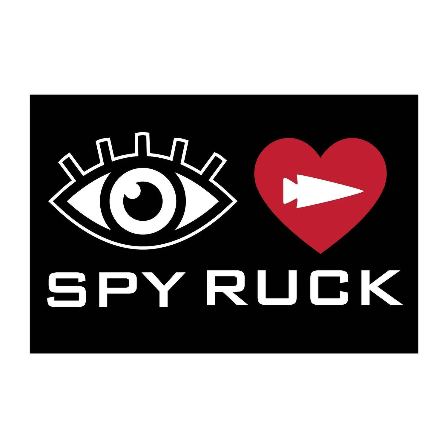 GORUCK Spy Ruck patch with white eye icon and red heart featuring white arrowhead on black background