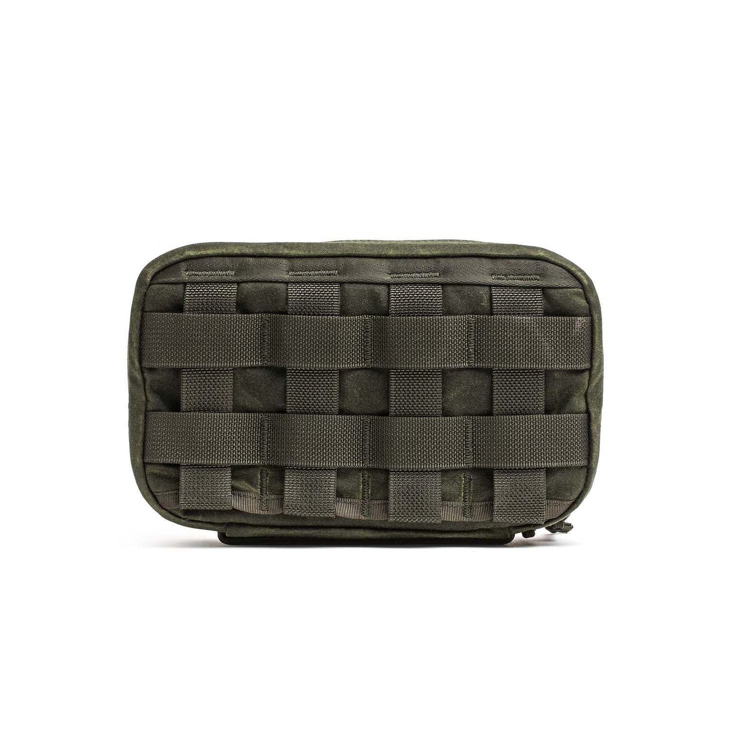 The GR1 Field Pocket - Waxed Canvas is an olive green tactical pouch with front MOLLE webbing, inspired by durable waxed canvas field pockets and shown against a white background.