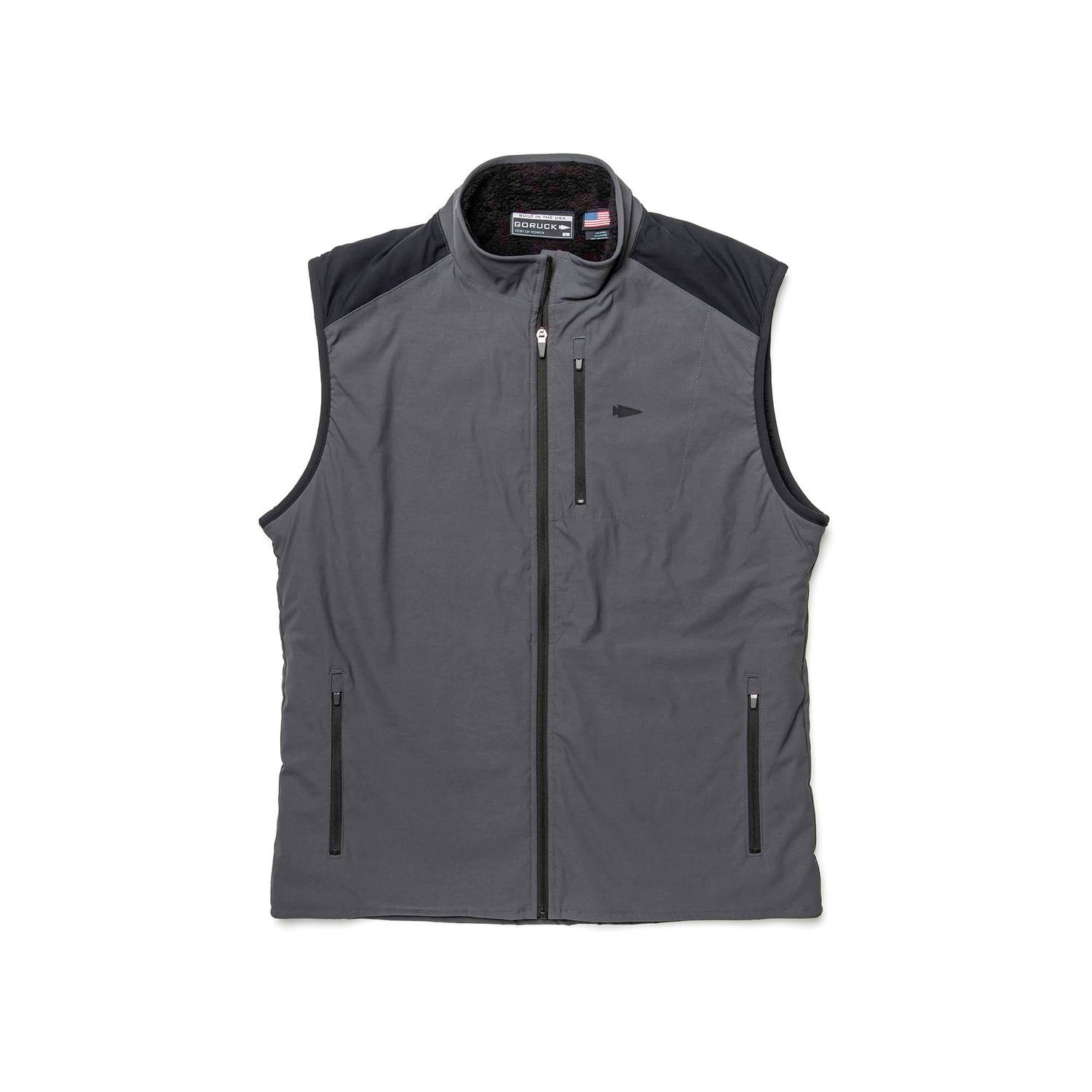 Men's Vest of Power - ToughDry® + Fleece in gray, sleeveless with black shoulder panels and two front zippered pockets, shown laid flat.