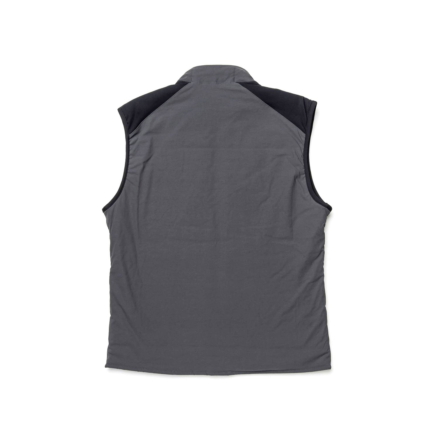 Back view of the Men's Vest of Power - ToughDry® + Fleece in gray with black shoulder accents, sleeveless and laid flat on a white background.