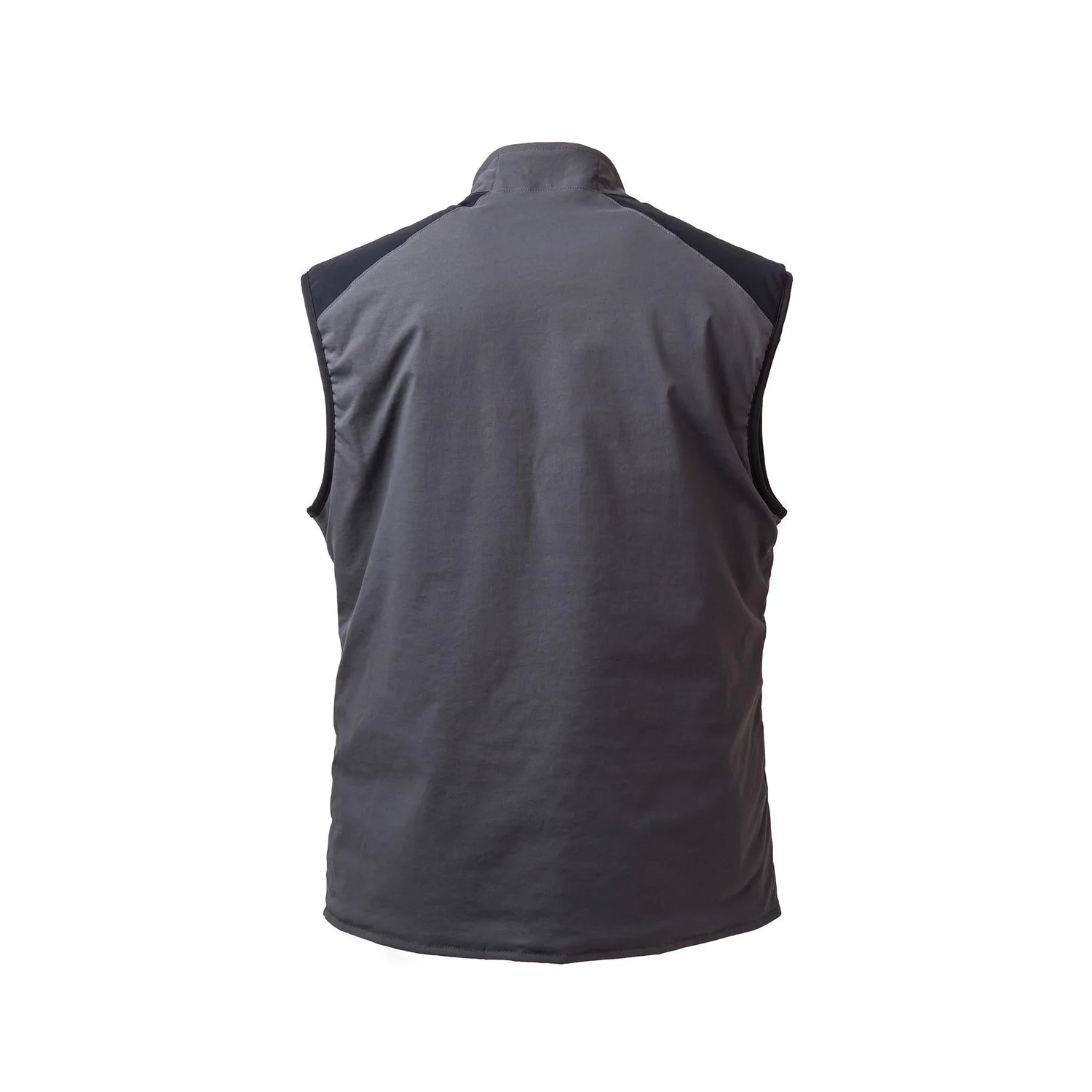 Back view of charcoal gray fleece vest with black shoulder panels, size large, isolated on white
