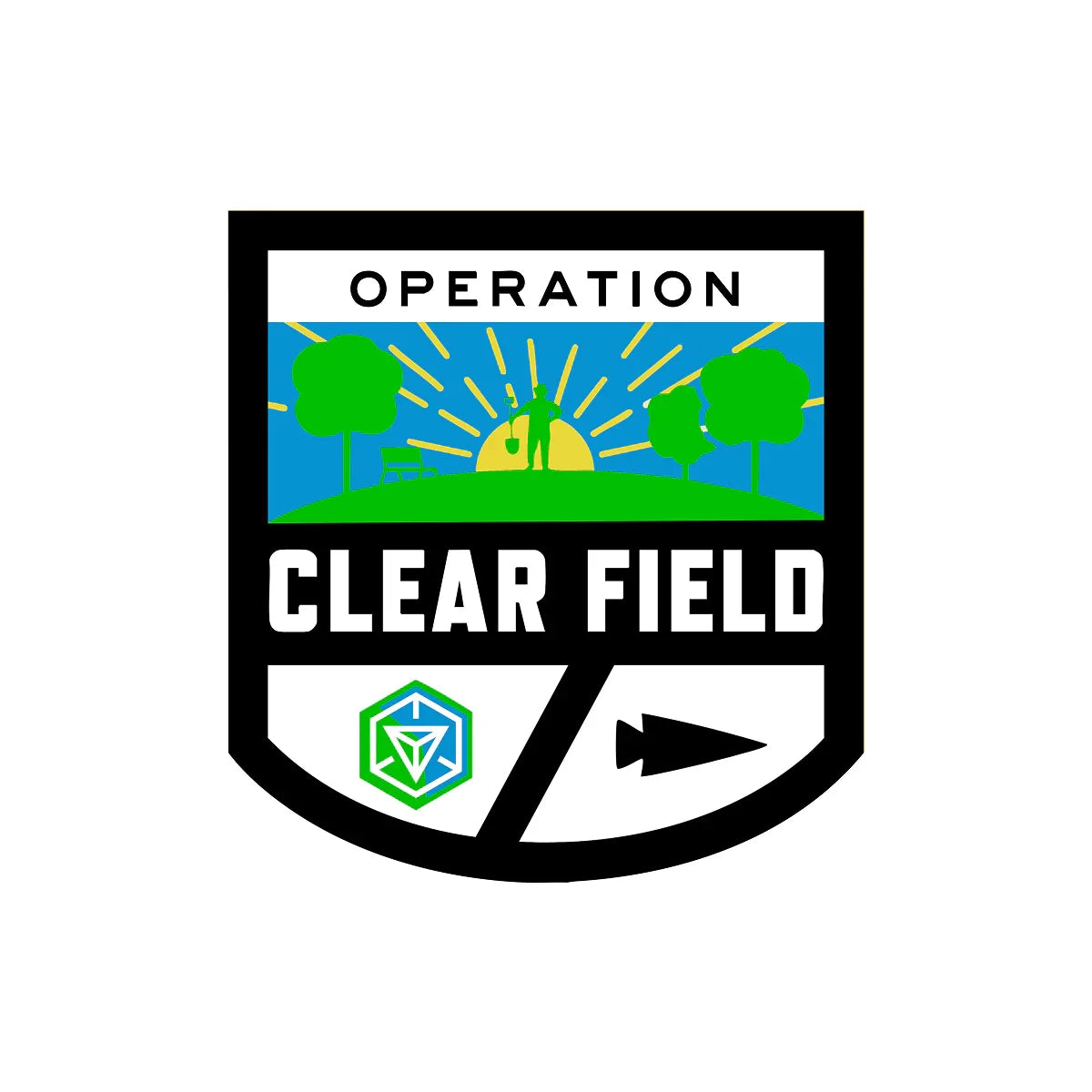 GORUCK Operation Clear Field patch with a green hill, trees, a figure holding a shovel, and a rising sun design