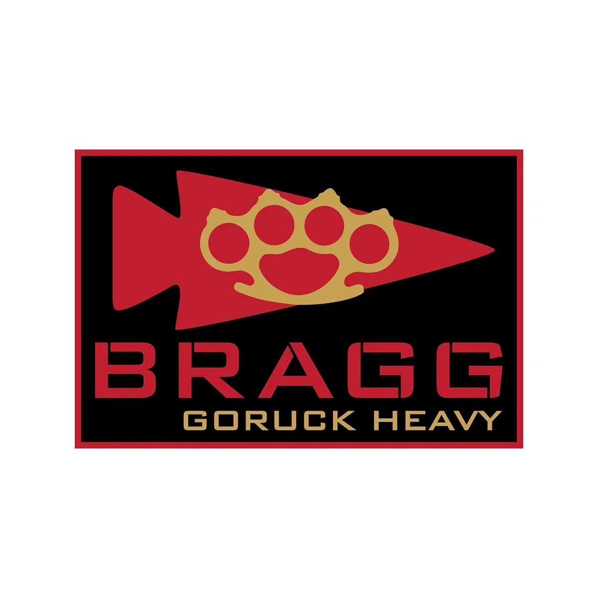 GORUCK Bragg Heavy patch with red arrowhead, gold knuckle design, and bold text on black.