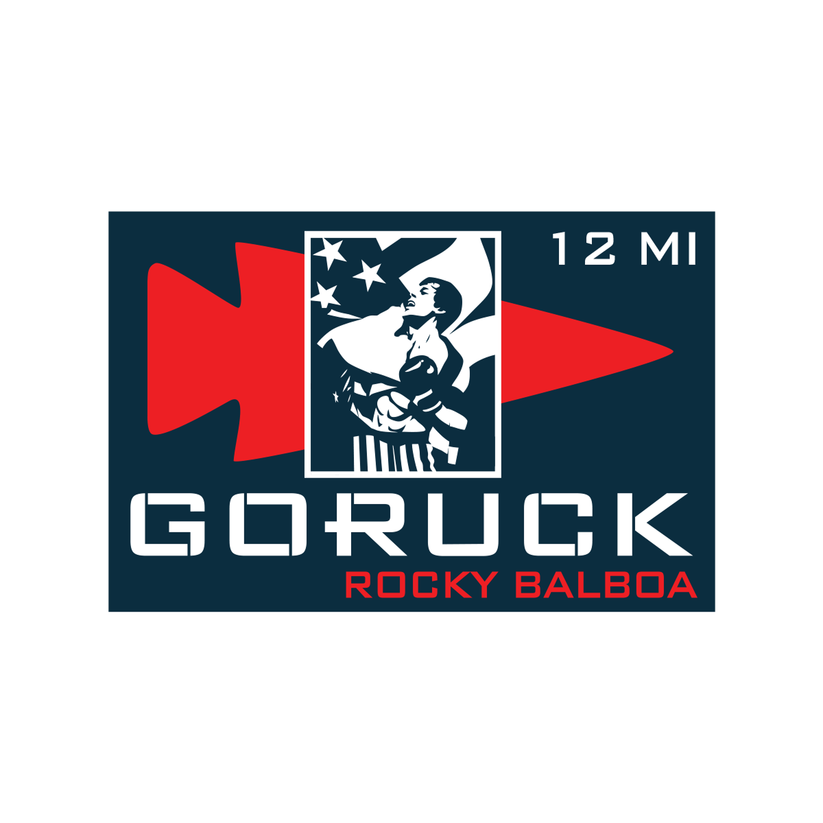 The Rocky Balboa - Philadelphia, PA logo features a red arrow, Rocky pose, stars, and “12 MI GORUCK ROCKY BALBOA”—ideal for rucking events and fans of the legendary GORUCK Challenge.