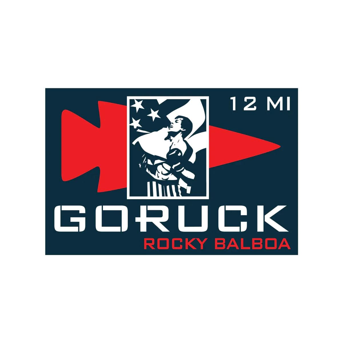 GORUCK Rocky Balboa 12 mile event logo with red arrow, stylized boxer and American flag.