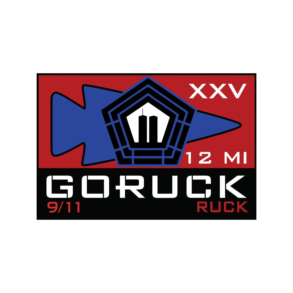 GORUCK 9/11 ruck patch with Pentagon, Twin Towers graphic, XXV, 12 MI text on red and blue