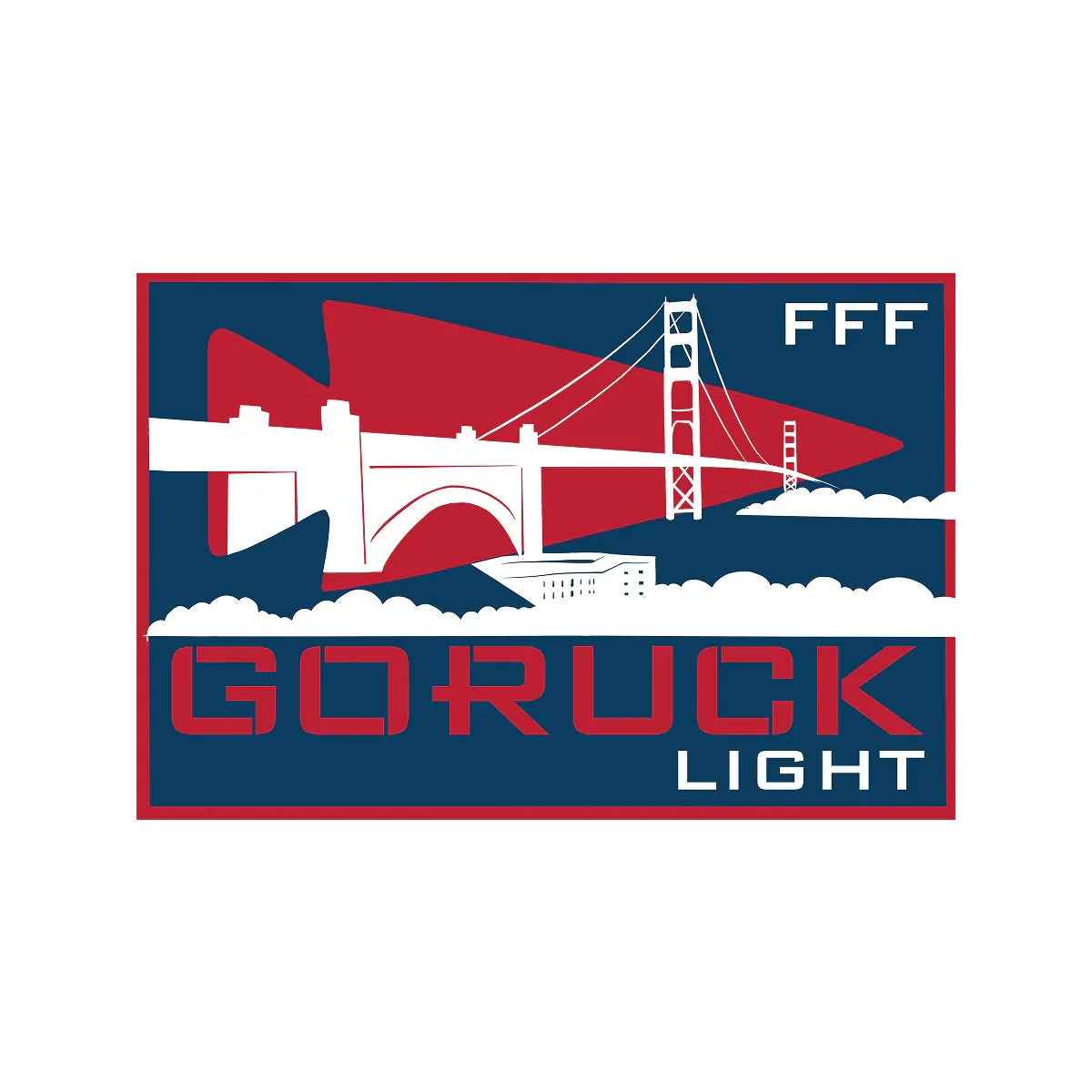 GORUCK Light logo with stylized bridge, clouds, and bold red and blue design elements