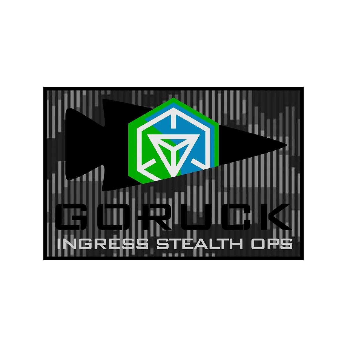 GORUCK Ingress Stealth Ops logo with black fish silhouette and blue-green hexagonal emblem on digital camo background