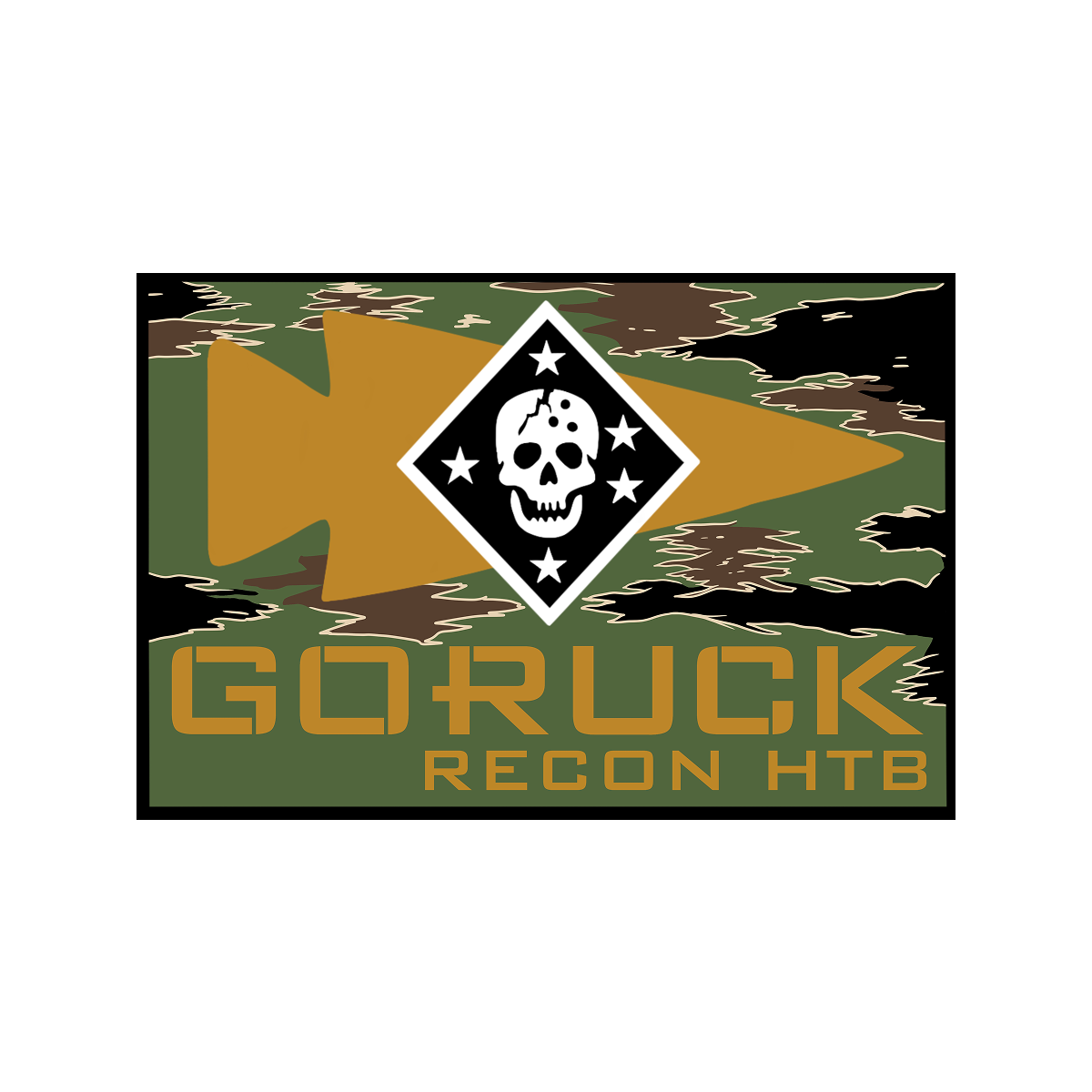 GORUCK Recon HTB logo with cracked skull and stars on camo background