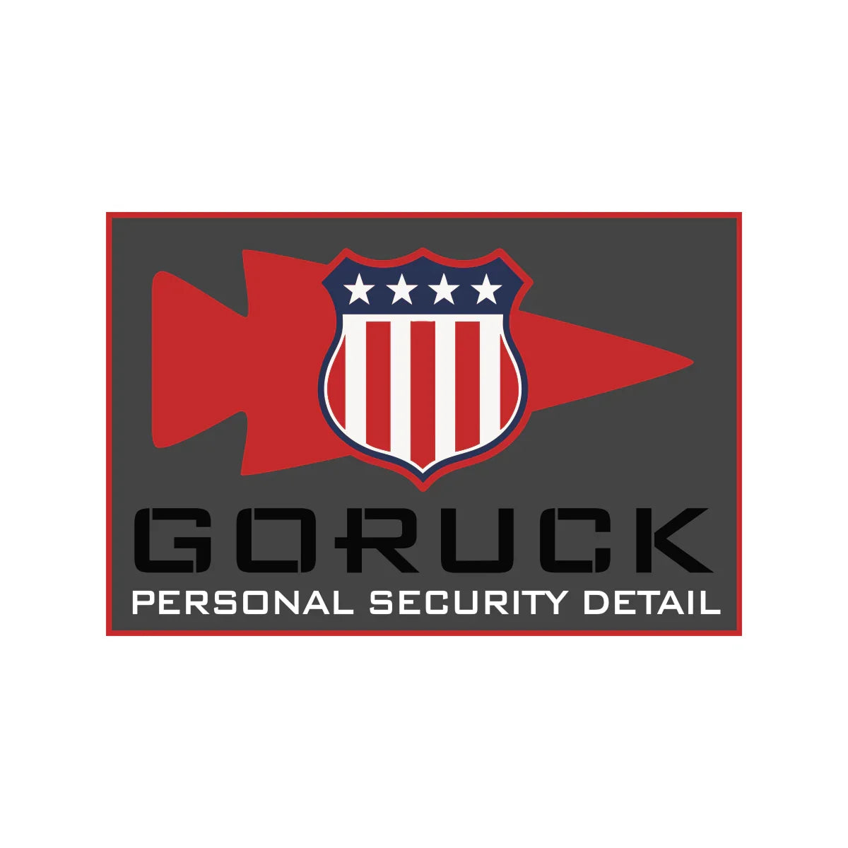 GORUCK Personal Security Detail logo with red arrowhead and shield on dark background