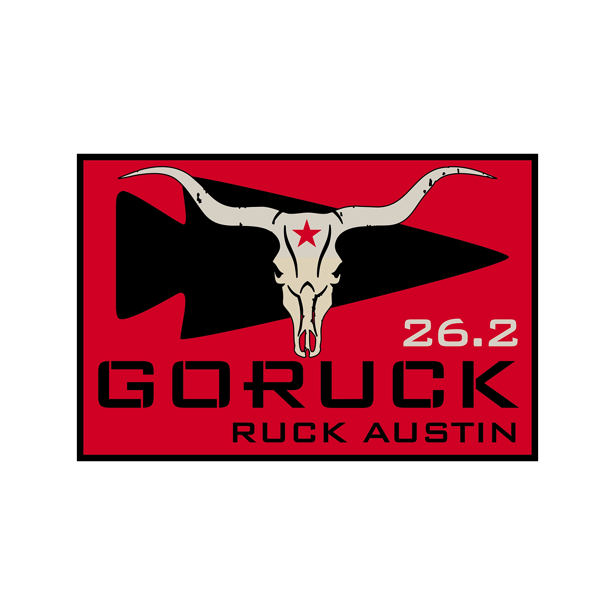 Show your spirit at the Ruckapalooza ATX - Fitness Party & City Ruck Weekend with this red and black 26.2 ruck featuring an Austin logo, longhorn skull, and arrow in the background.