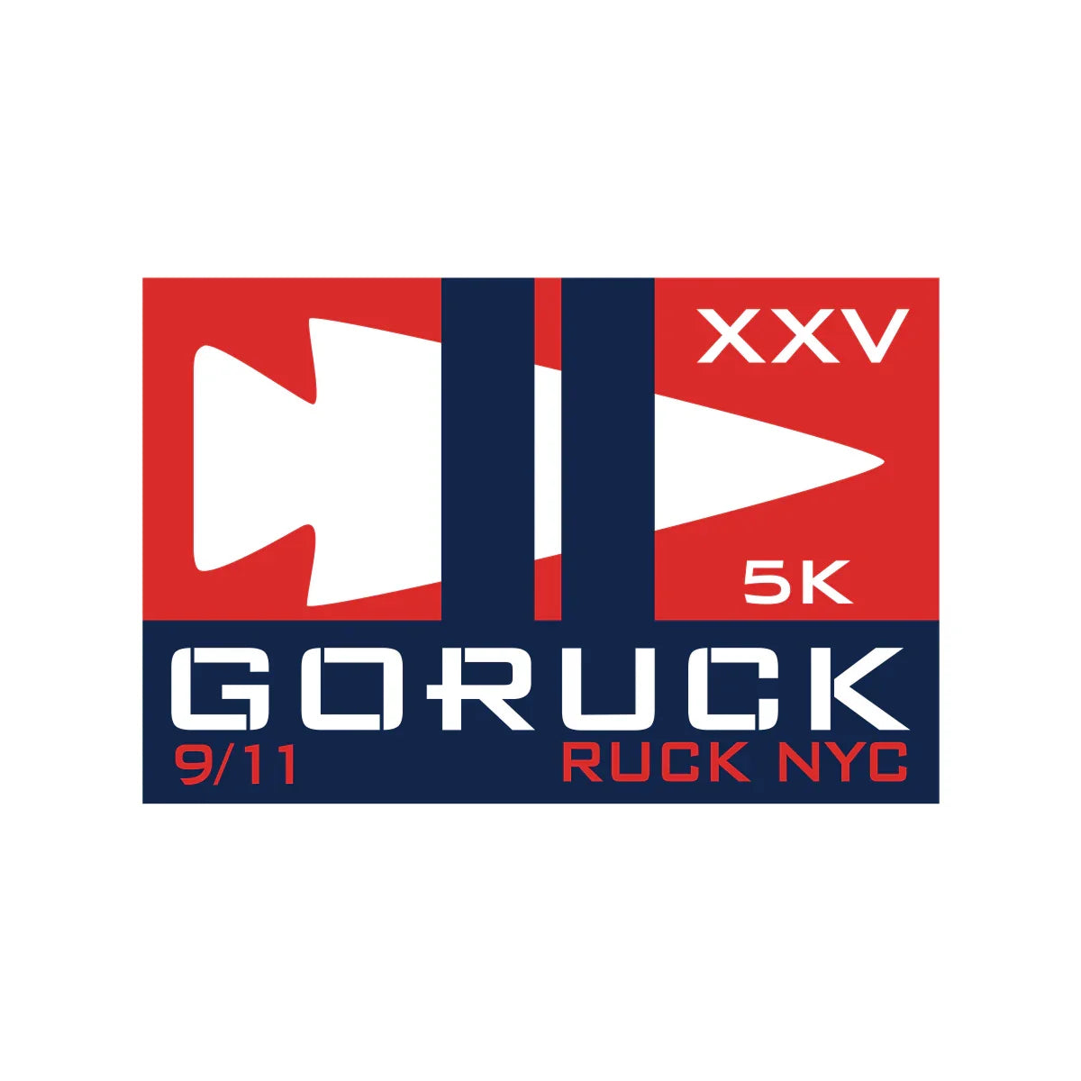 GORUCK 9/11 Ruck NYC event logo with arrowhead, 5K, XXV, and red, white, blue design.