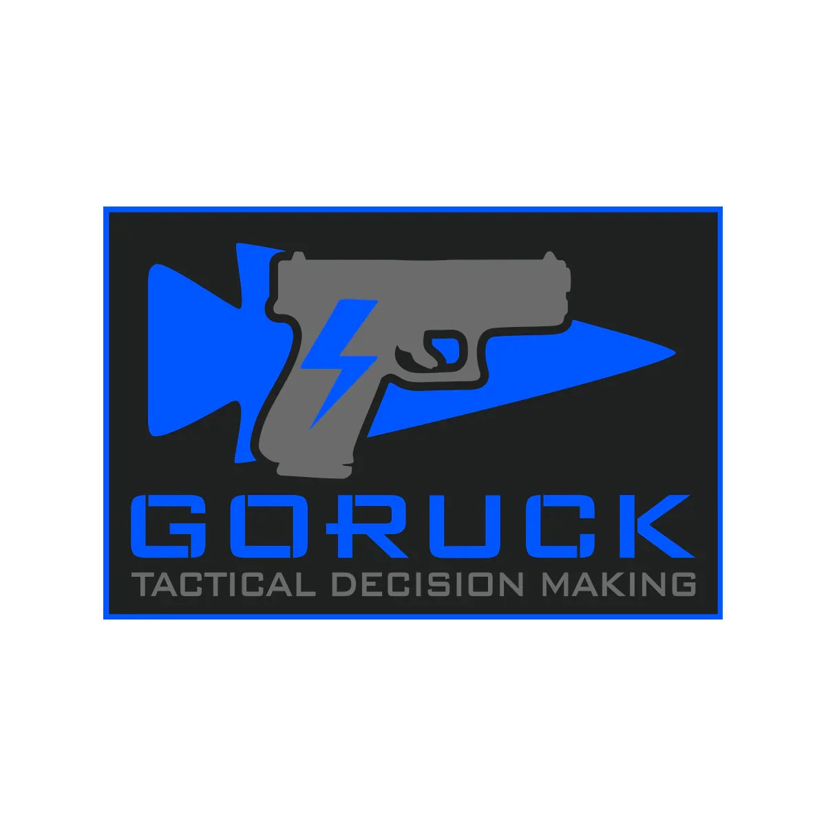 GORUCK Tactical Decision Making logo with a gray pistol, blue arrow, and lightning bolt
