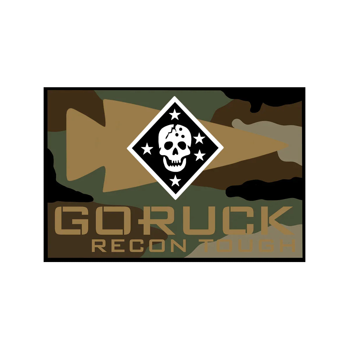 GORUCK Recon Tough logo with skull and stars on camouflage background