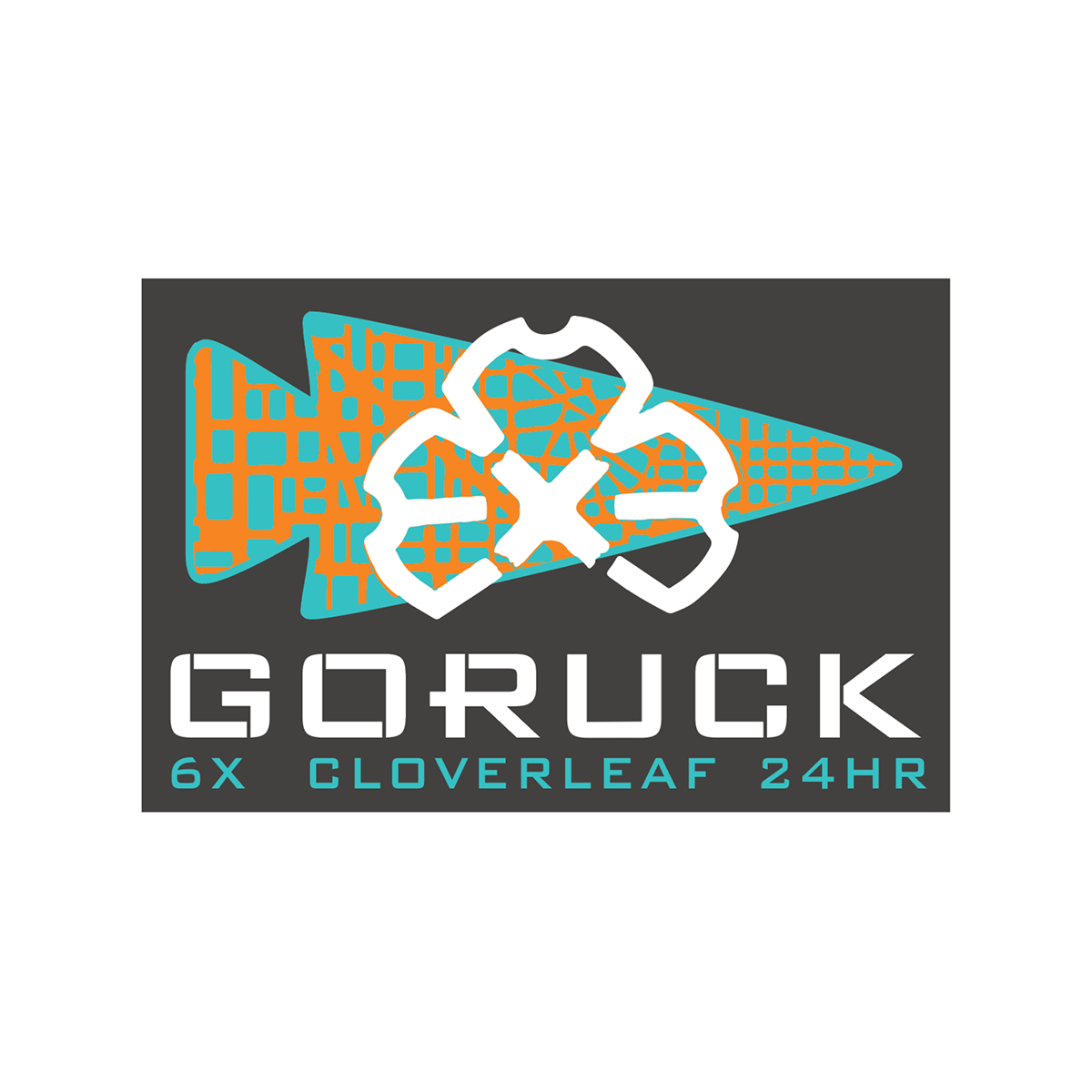 The 24 Hour Cloverleaf - Jax Beach Edition logo features a white cloverleaf and orange GORUCK emblem with the text “6x Cloverleaf 24HR” on a dark background, representing an endurance rucking event in Jacksonville Beach.