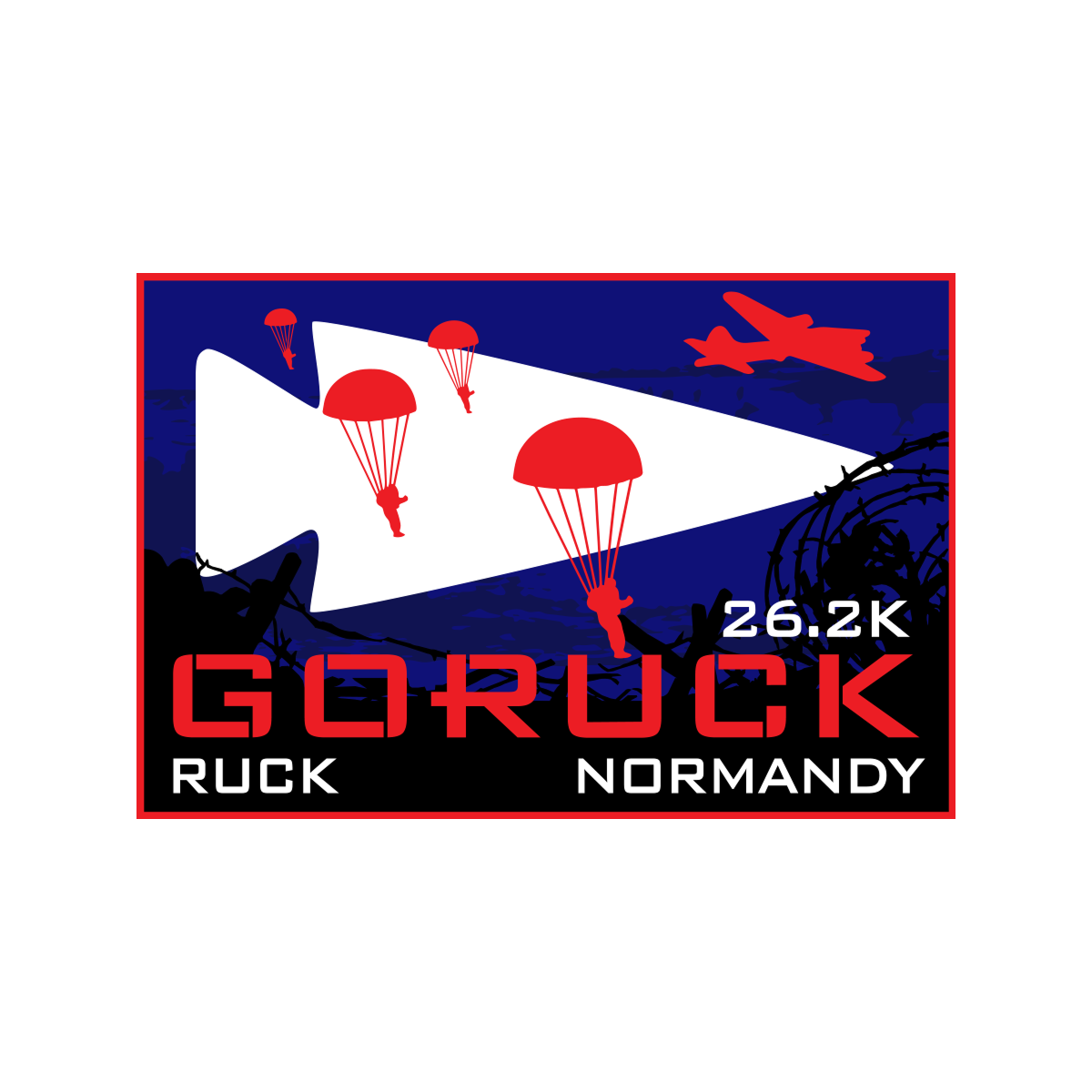 Red parachuters, a plane, and