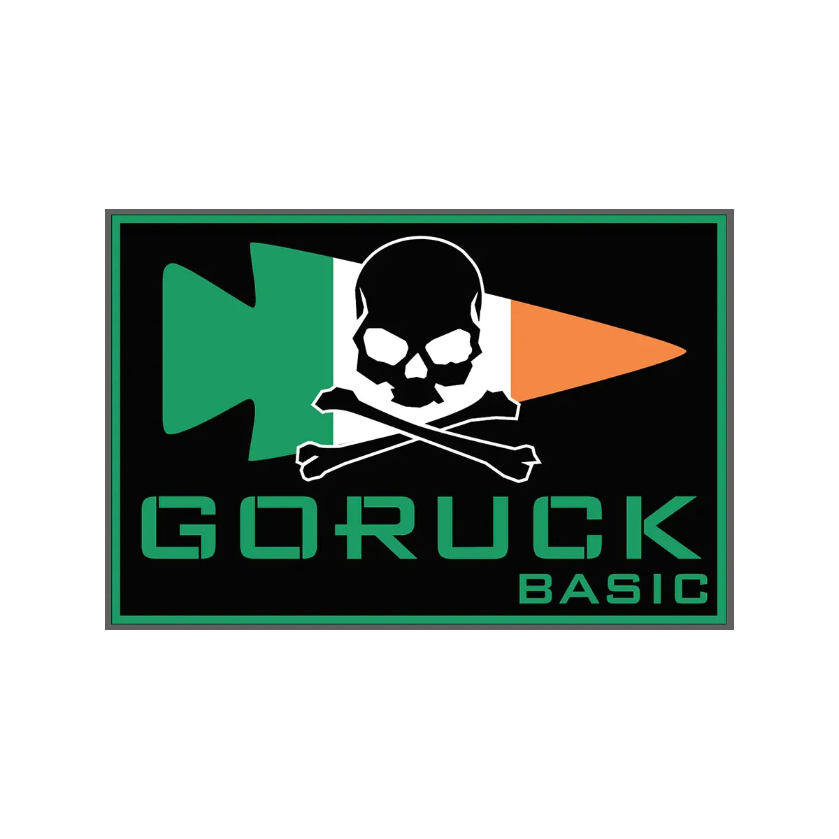 GORUCK Basic logo with Irish flag colored ruck plate and skull with crossed bones on black background