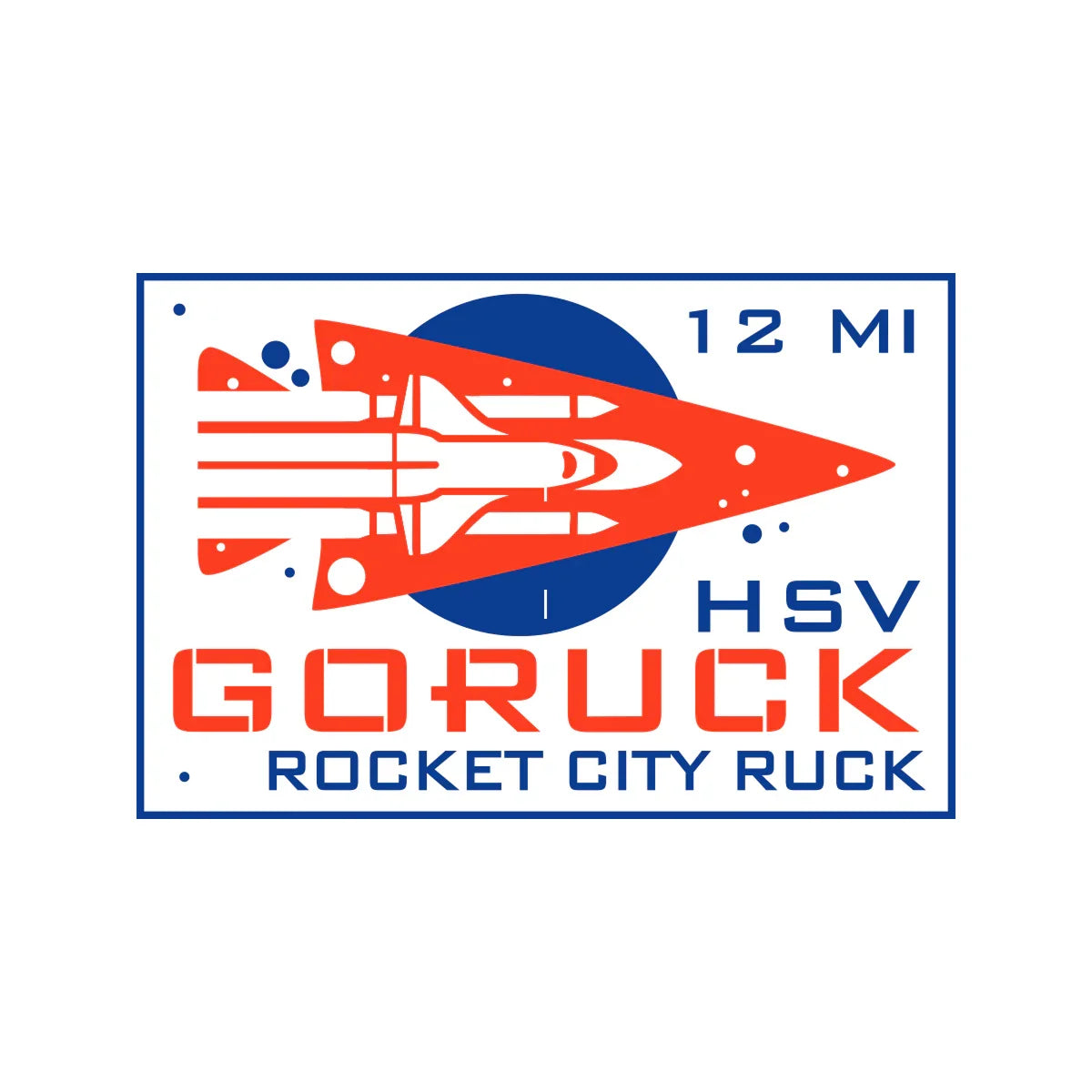 GORUCK Rocket City Ruck logo featuring a red rocket and space shuttle silhouette over a blue circle with text '12 MI HSV GORUCK Rocket City Ruck'