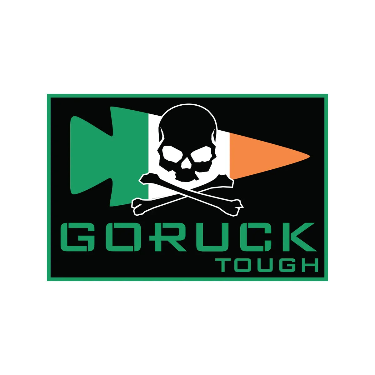 GORUCK Tough logo with skull and crossbones over Irish flag colored rucking arrow