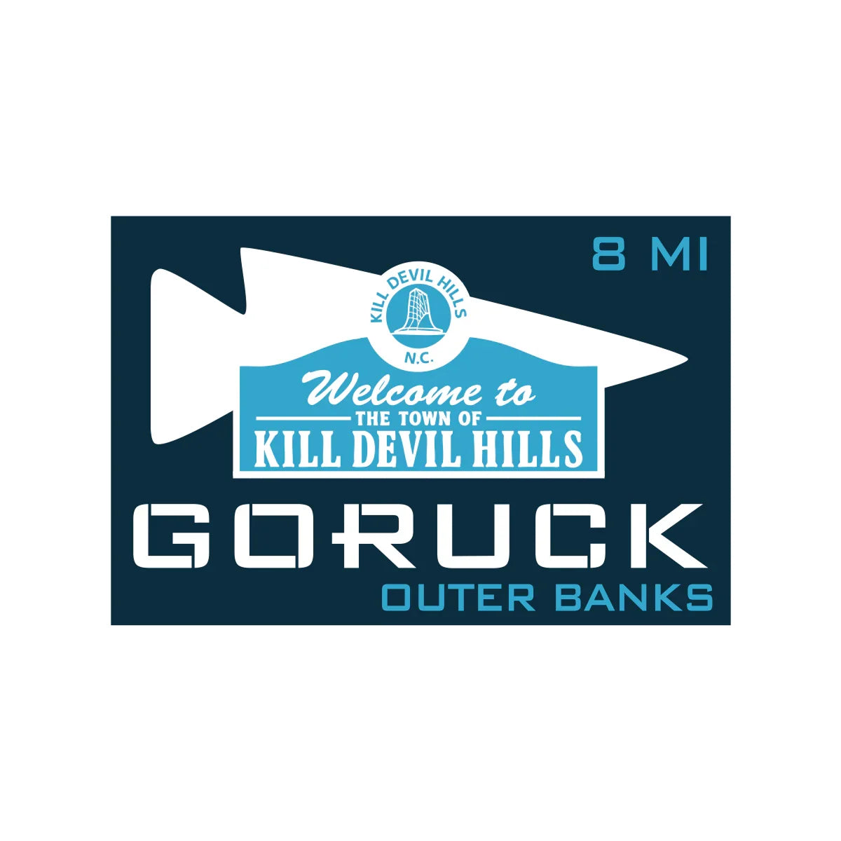 GORUCK patch featuring Kill Devil Hills Outer Banks design with welcome sign and 8 mile distance