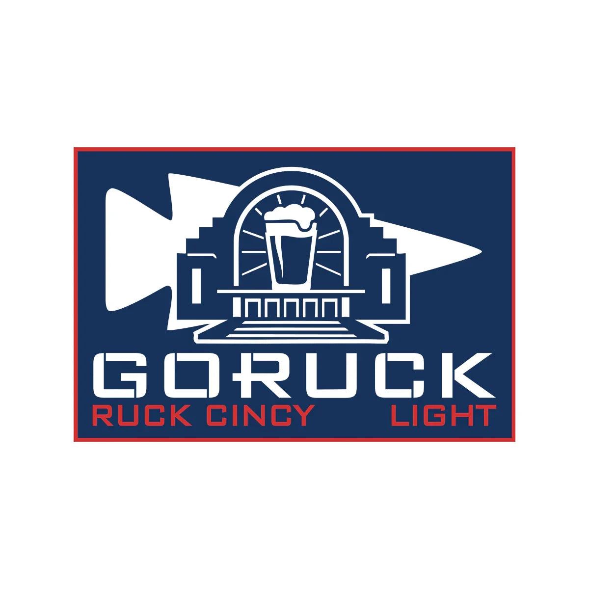 GORUCK Ruck Cincy Light logo with beer glass, building, and white arrow on navy background