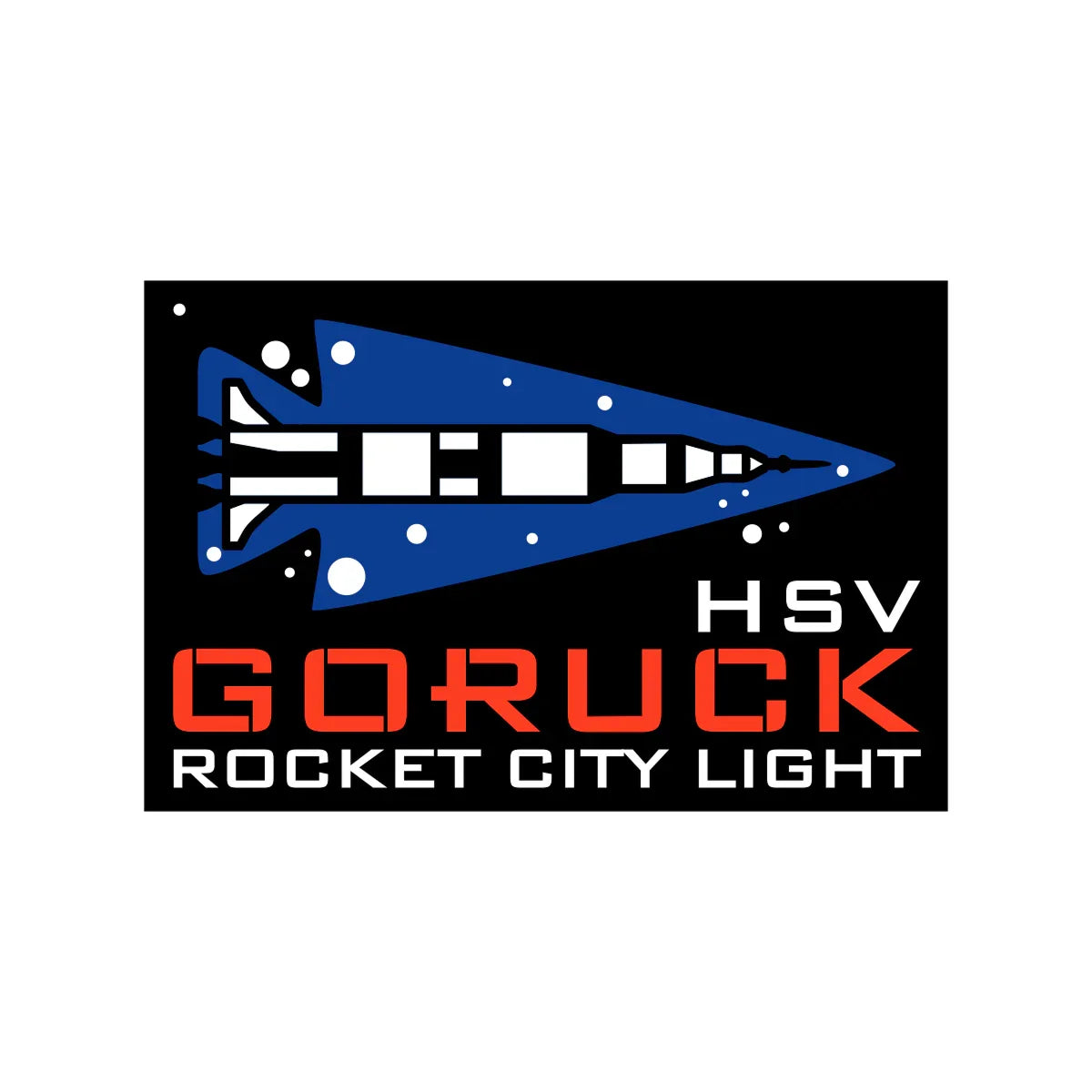 GORUCK HSV Rocket City Light logo with a stylized white rocket on a blue triangular background and red and white text
