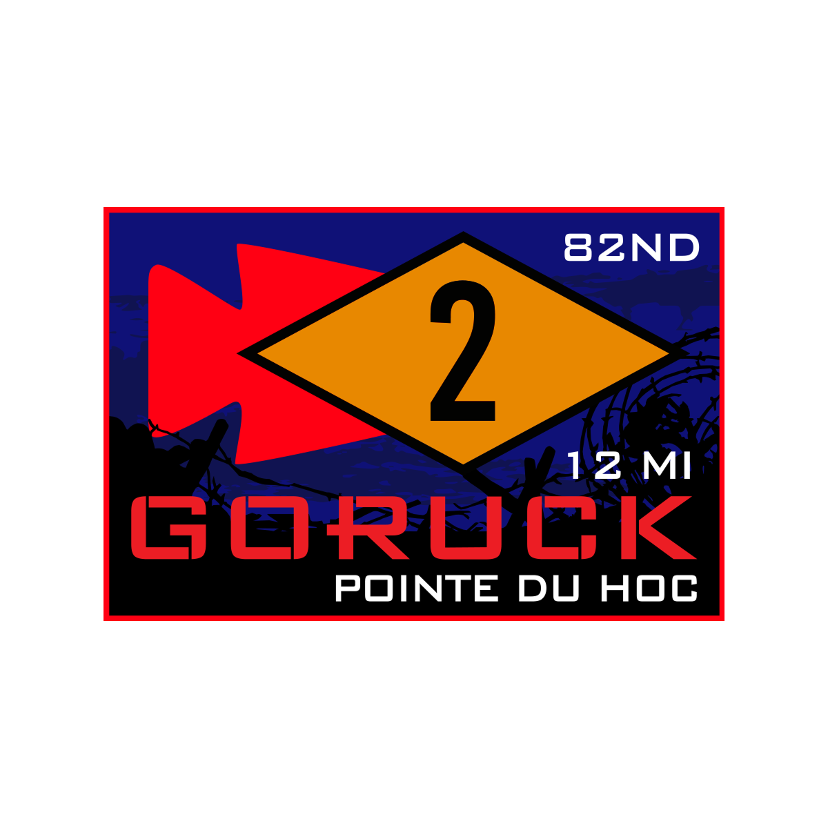 Celebrate the Normandy Event Weekend with this GORUCK 12 MI Pointe du Hoc patch, featuring the 82nd Airborne Division, red arrow, and barbed wire design—honoring D-Day's enduring spirit.