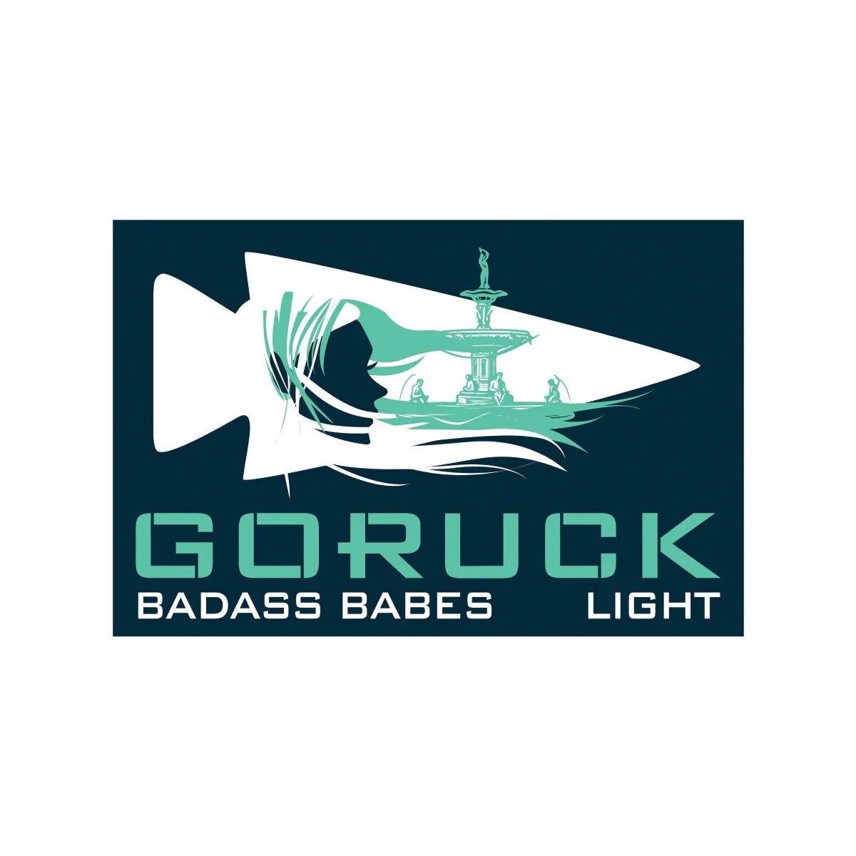 GORUCK Badass Babes Light logo with a stylized fish silhouette and a fountain inside the design