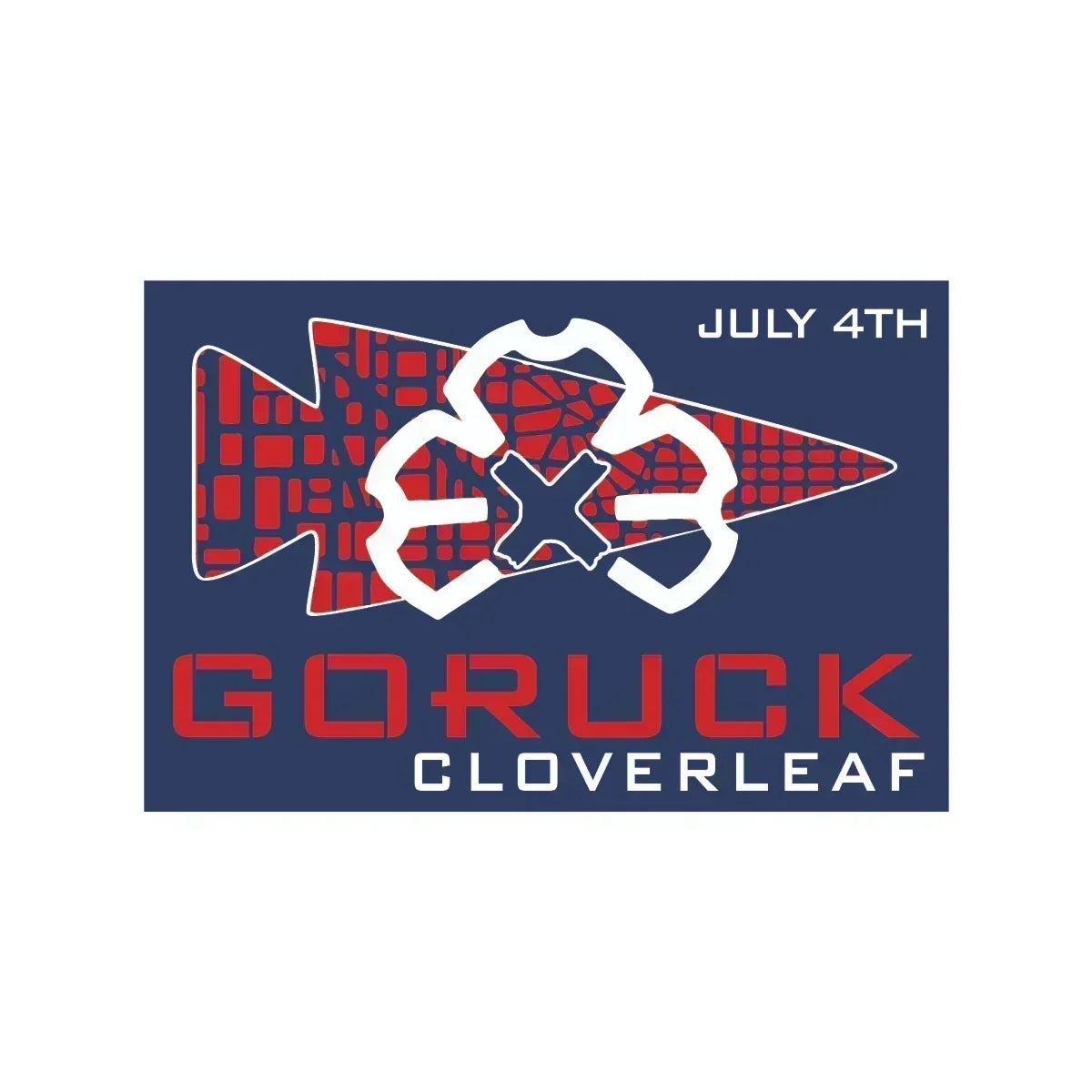 GORUCK Cloverleaf July 4th logo with red arrowhead and white cloverleaf design on navy background