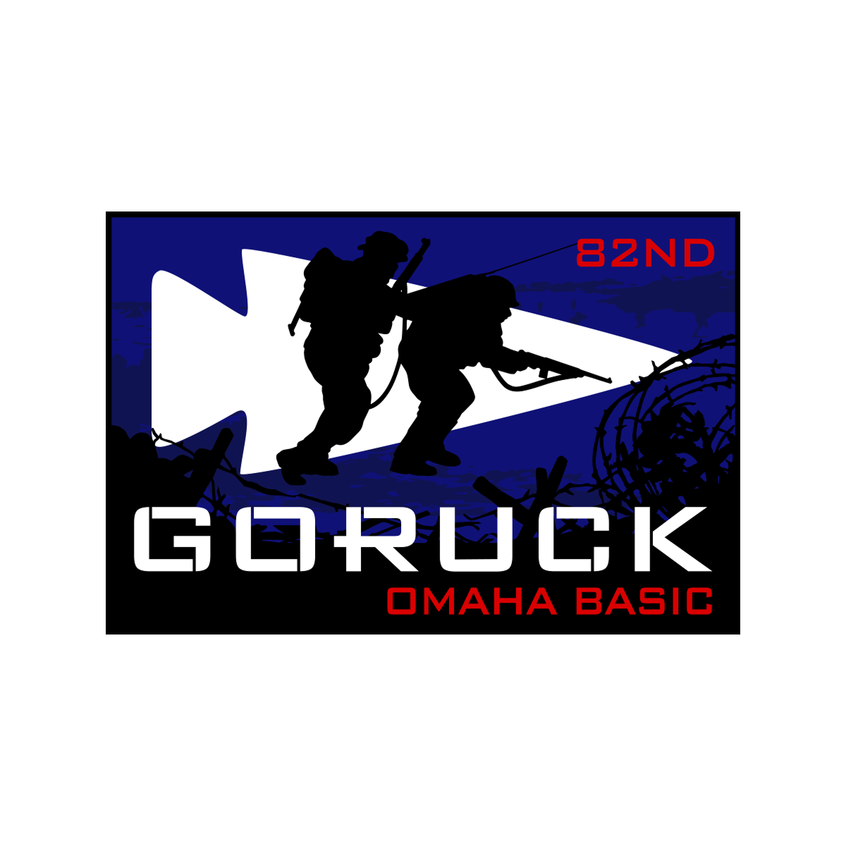 Silhouetted soldiers stand before a blue arrowhead with text: