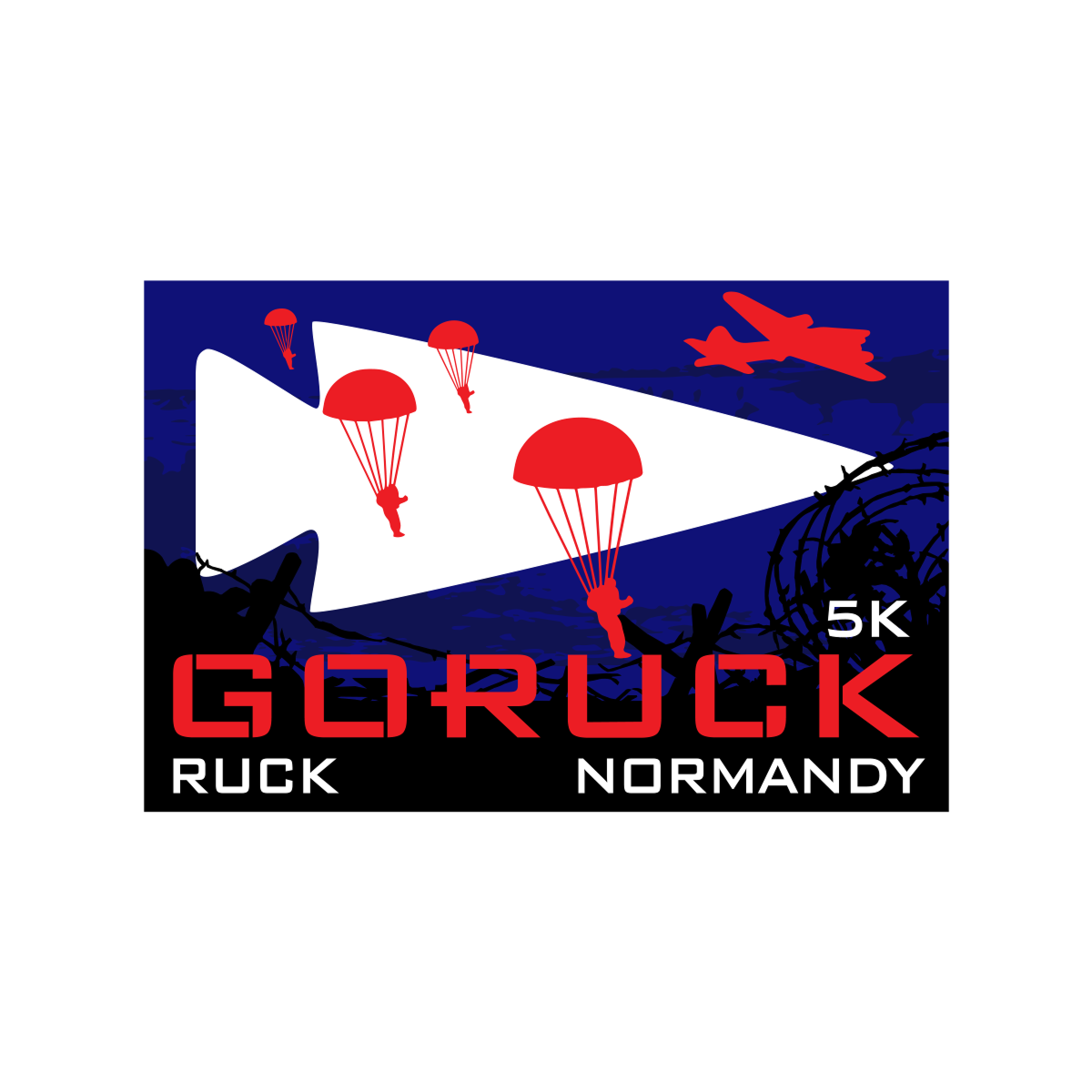 Red paratroopers and plane over a blue background; text reads