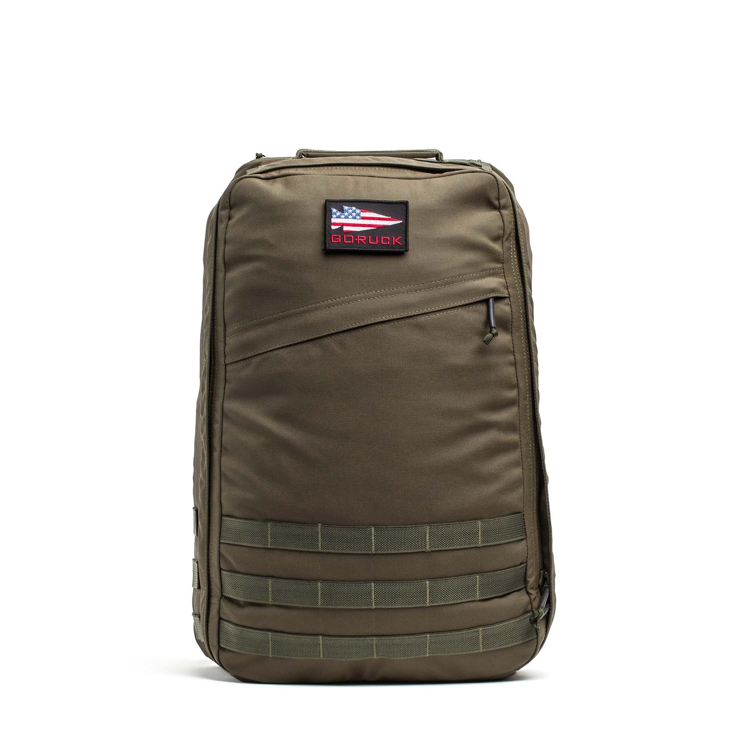 The GR1 USA - Cordura in olive green features an American flag patch, front zipper pocket, and horizontal webbing straps—offering everyday carry functionality with Special Forces-grade durability.