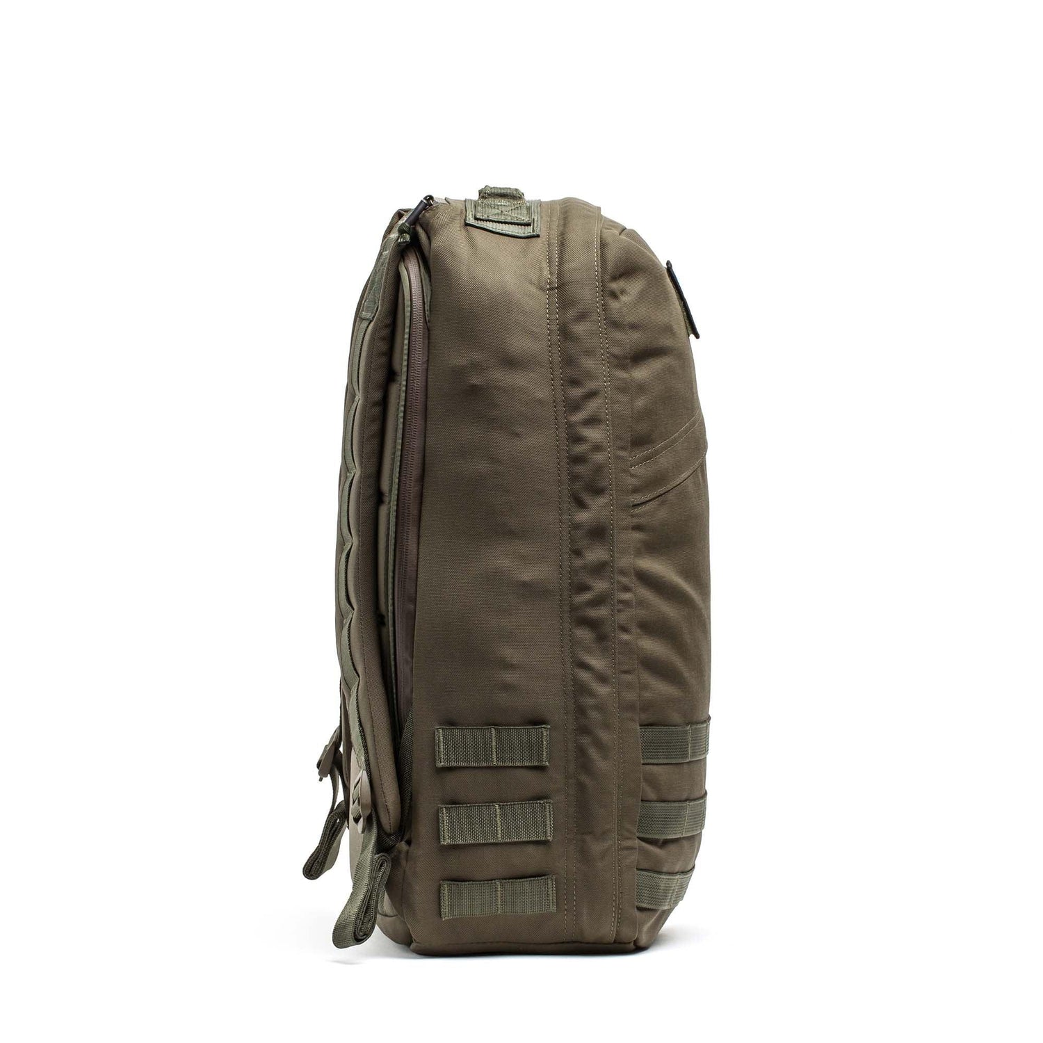 GORUCK GR1 Classic 26L Ranger Green rucksack side view, rugged tactical backpack