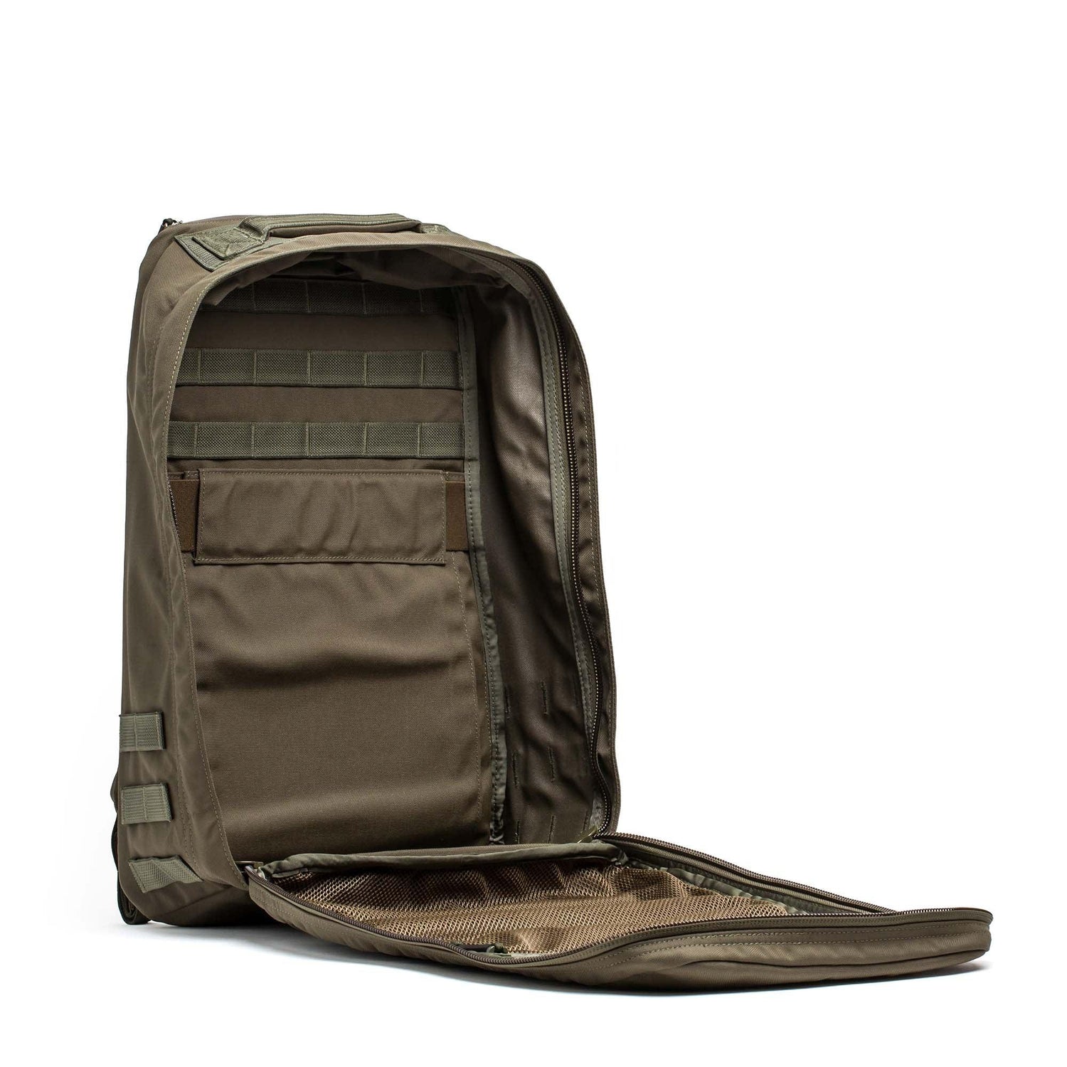 GORUCK Ranger Green rucksack open, showing spacious interior and MOLLE webbing