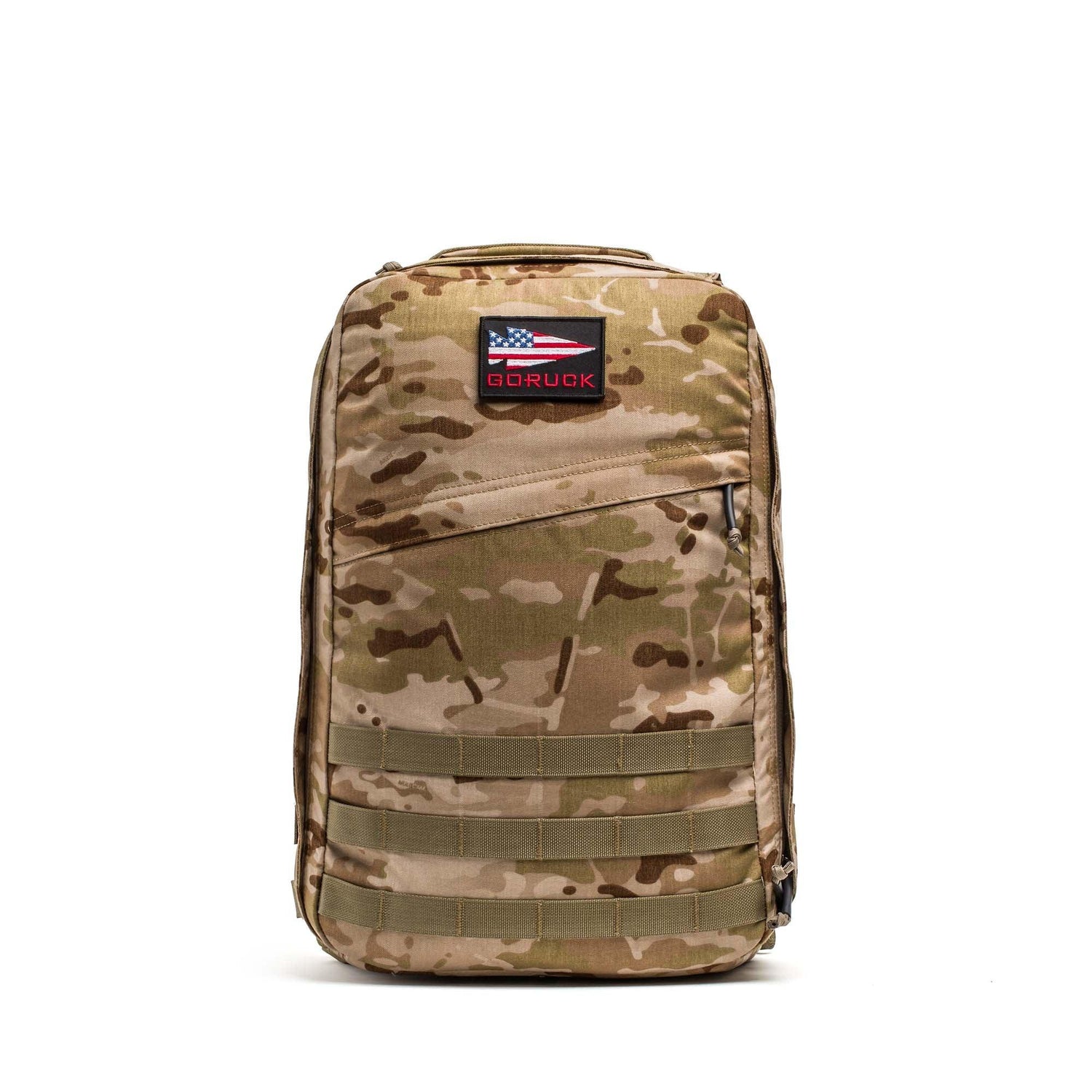GORUCK Multicam Arid tactical backpack with American flag patch, rugged outdoor gear.