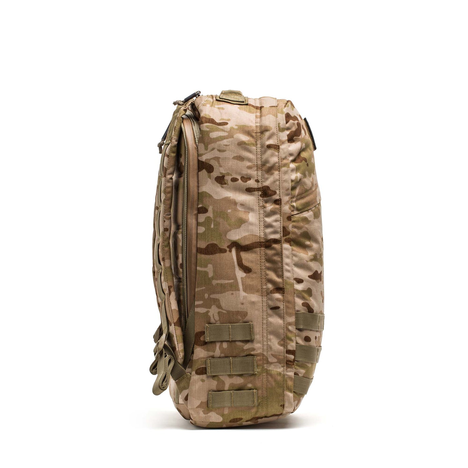 Side view of the GR1 USA - Cordura, a Special Forces-grade camouflage tactical backpack with multiple straps and zipper compartments—perfect for everyday carry.