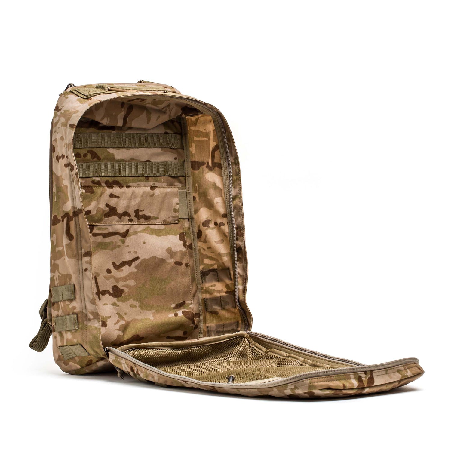 Open tan camouflage GR1 USA - Cordura rucksack with front flap fully unzipped, showing organized inner compartments and mesh pocket—ideal as an everyday carry backpack with Special Forces-grade durability.
