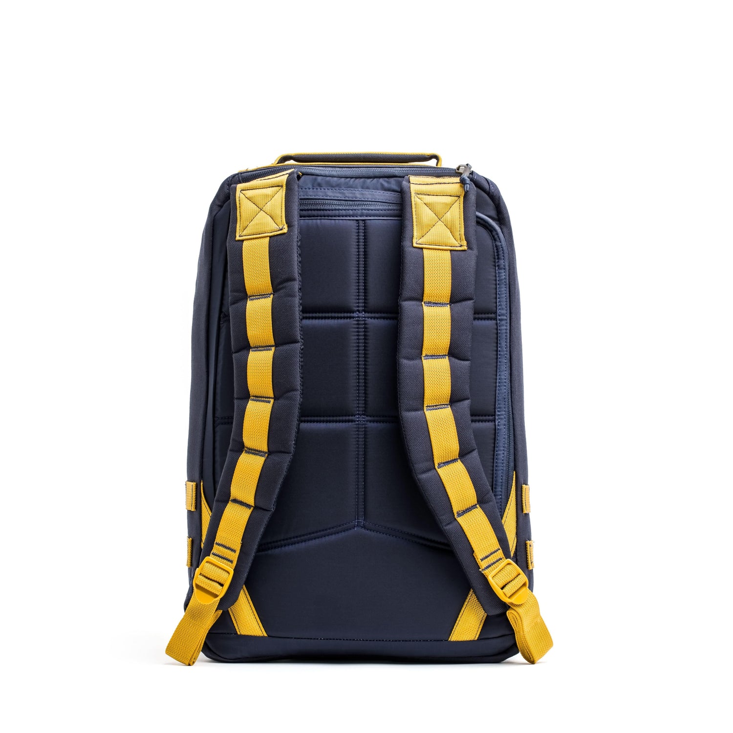 GORUCK navy blue backpack with yellow padded shoulder straps and quilted back panel for rucking gear