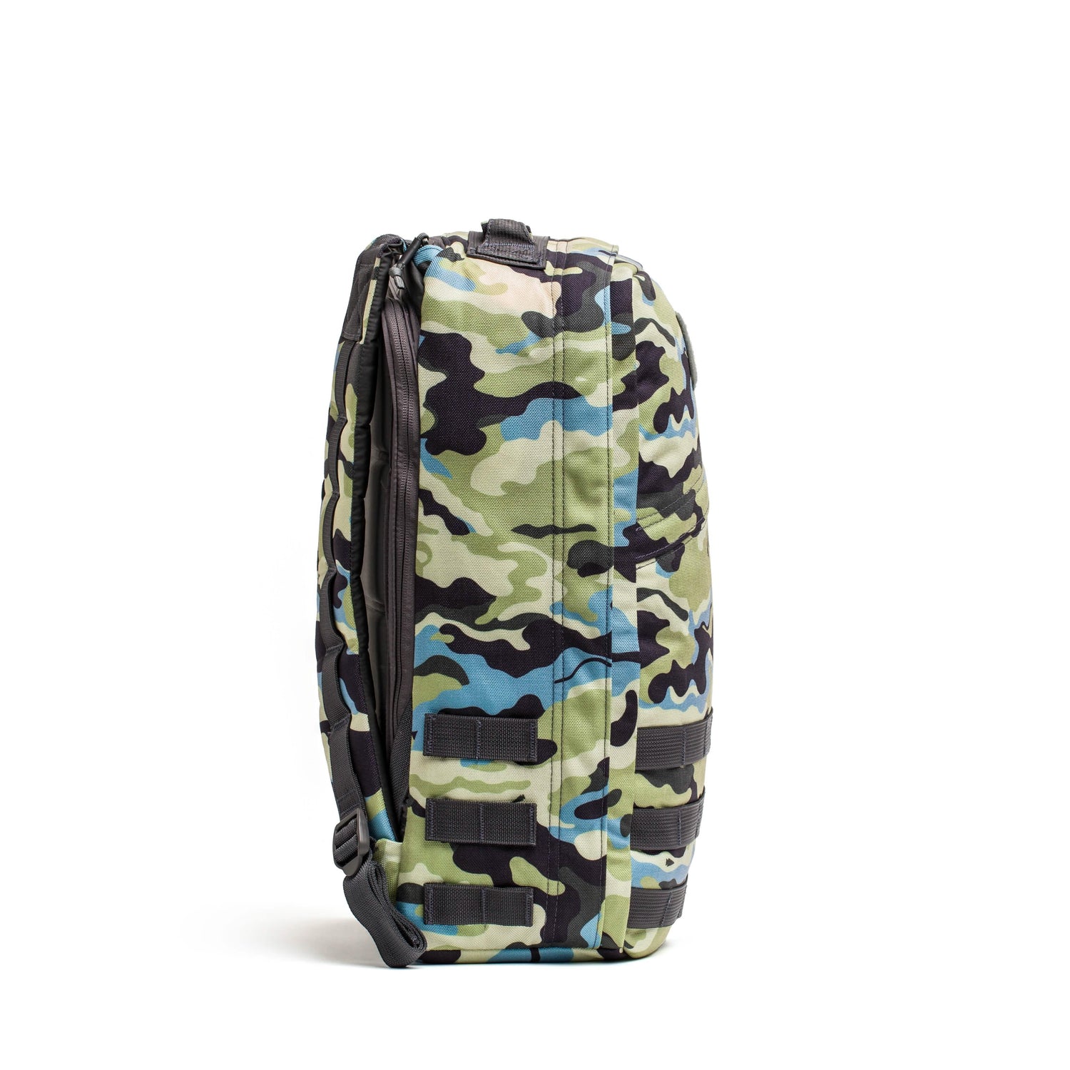 GORUCK rucking backpack in green and blue Everglades camo, side view, rugged gear
