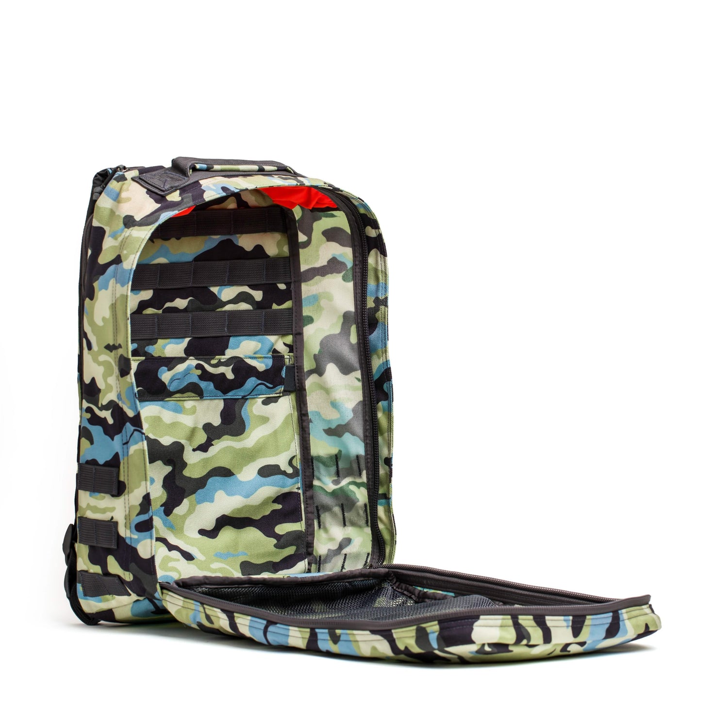 GORUCK Everglades Camo rucksack open showing interior compartments and MOLLE webbing