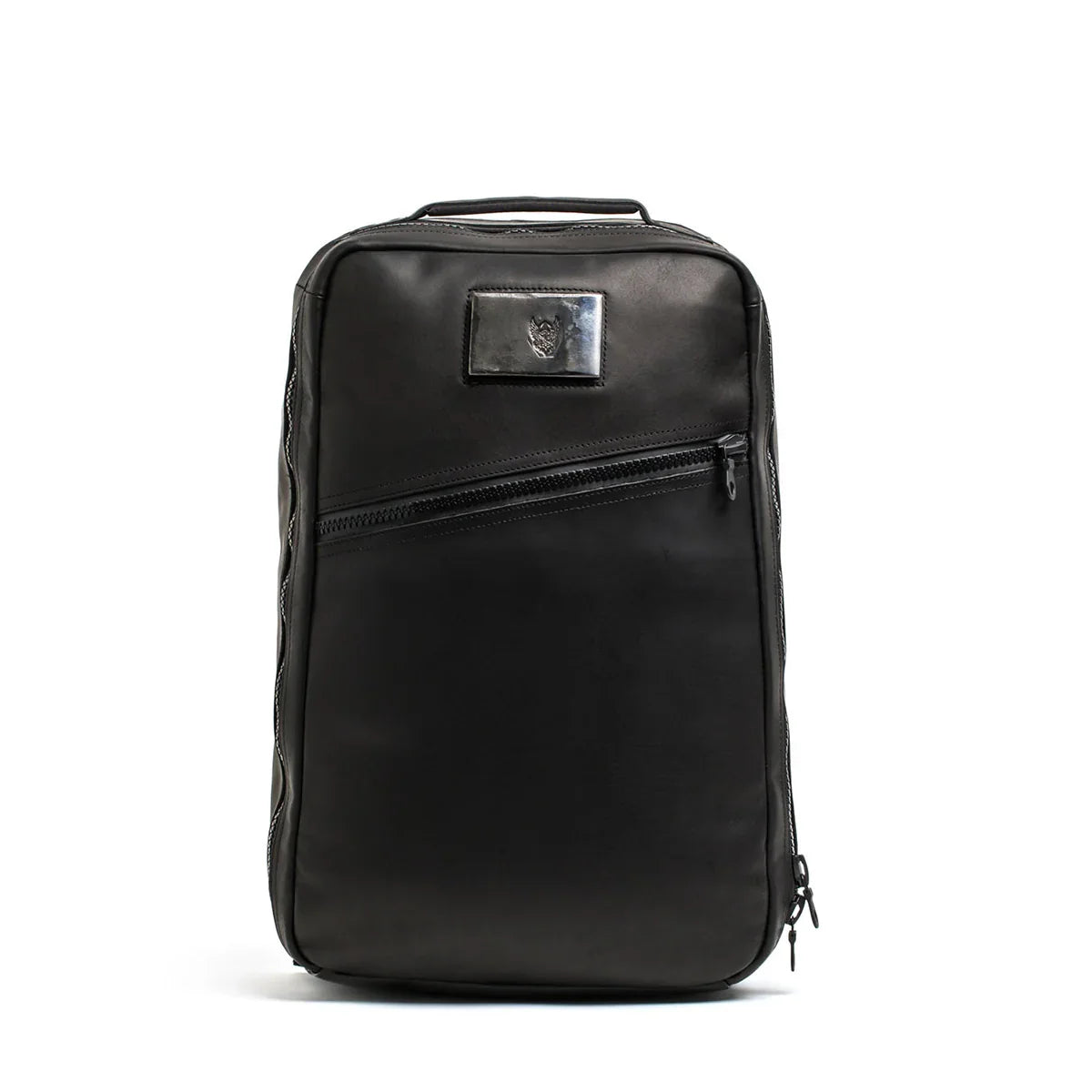 Black GORUCK GR121L leather front carry bag with diagonal zip pocket and metal logo plate