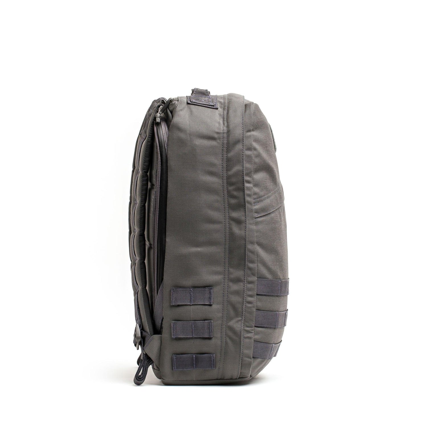 GORUCK Wolf Grey rucksack with AquaGuard zipper, rugged side view against white background