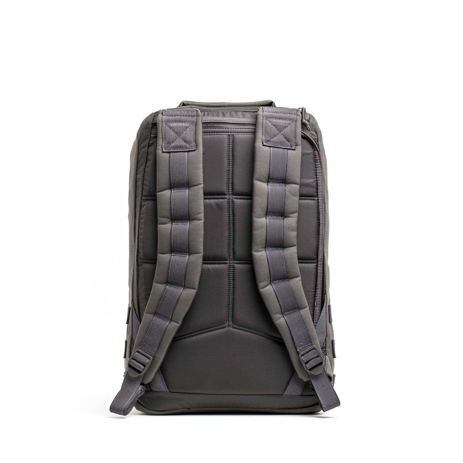 Back view of GORUCK Wolf Grey backpack with padded straps and aqua guard zipper system