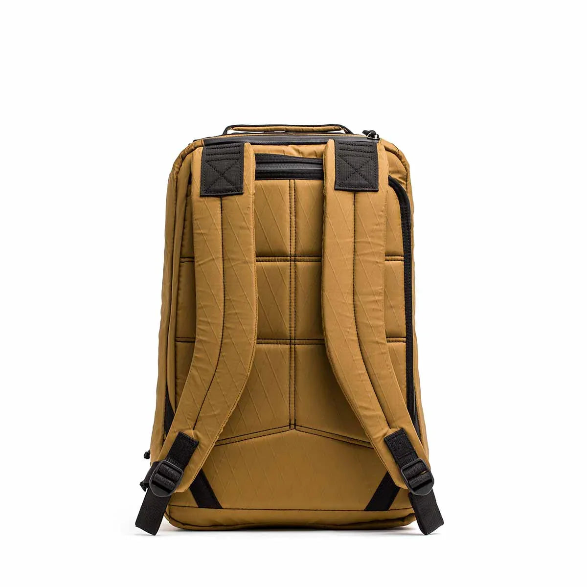 Back view of GORUCK tactical rucksack in coyote brown with padded shoulder straps and quilted back panel