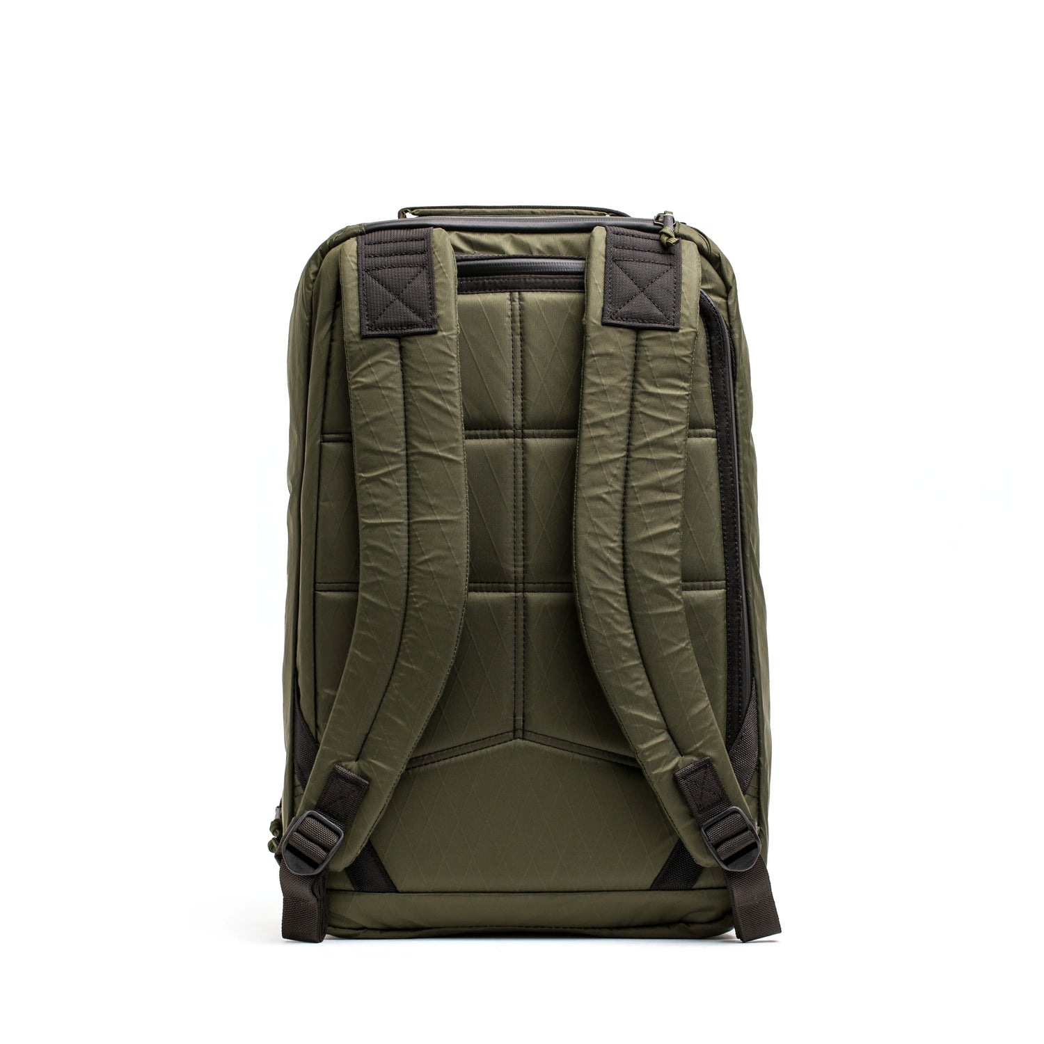 GORUCK dark green durable rucksack with padded back panel and adjustable shoulder straps, isolated on white