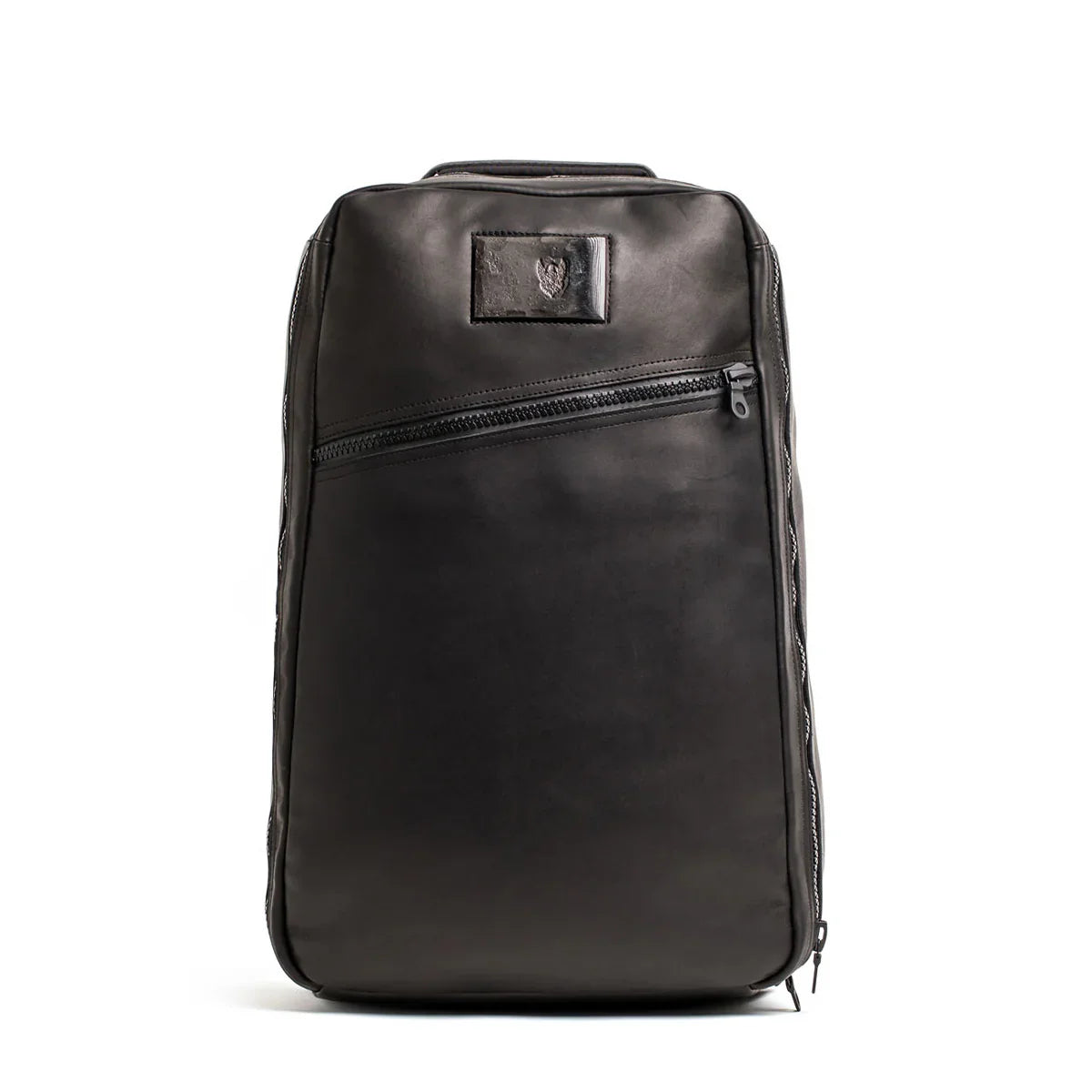 GORUCK black leather sling bag with diagonal front zipper pocket on white background