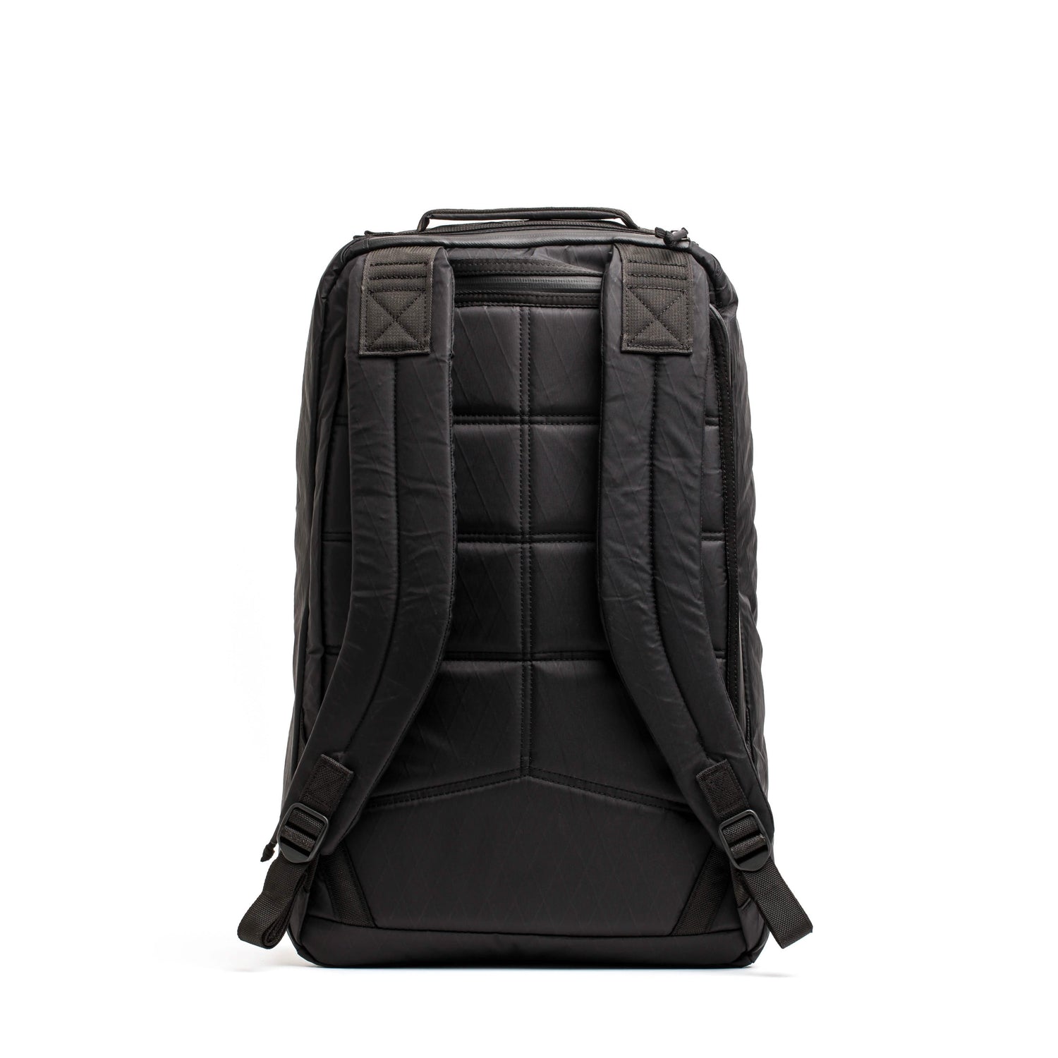 Black GORUCK backpack with padded back and adjustable shoulder straps on white background