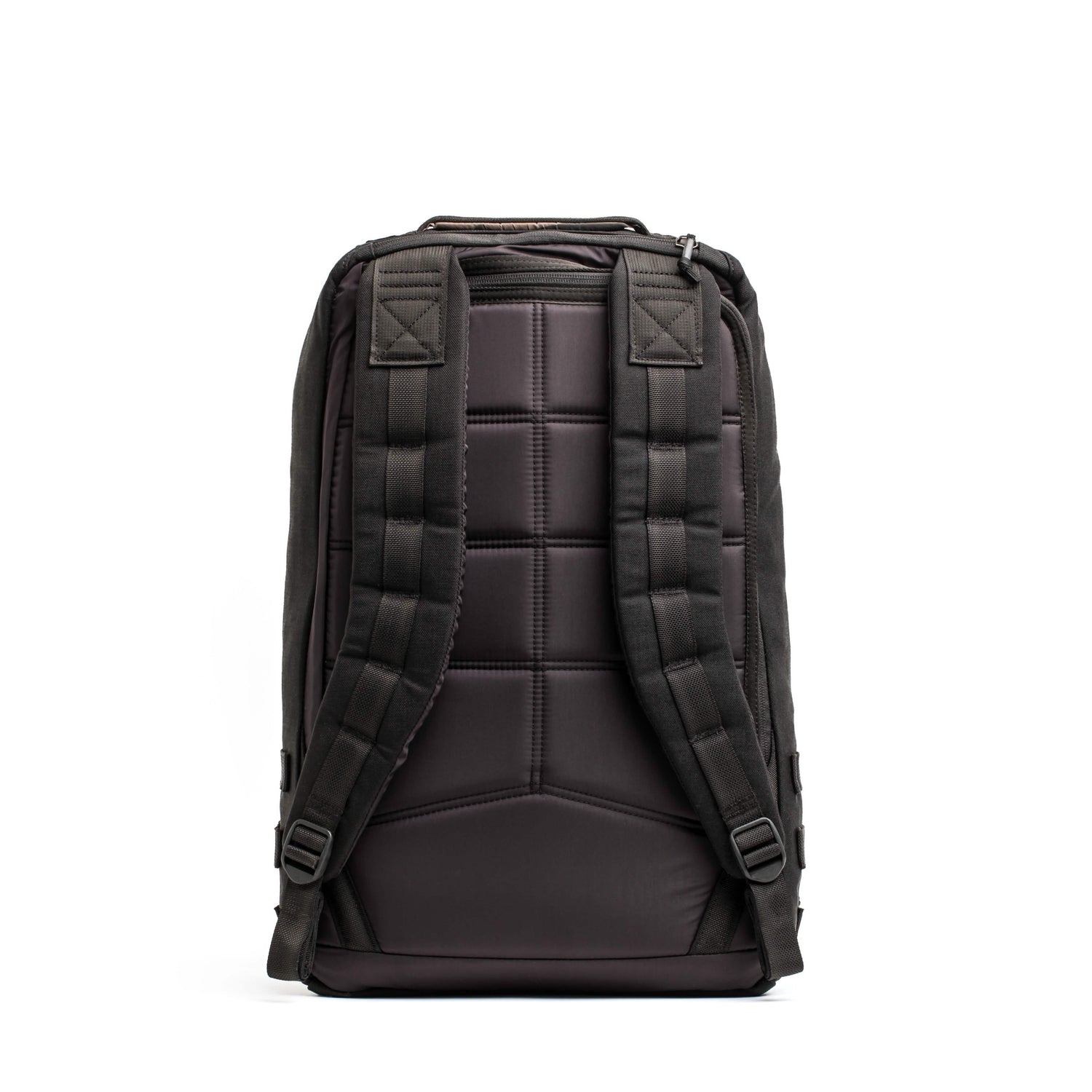 Back view of black GORUCK padded rucksack with adjustable shoulder straps on white background