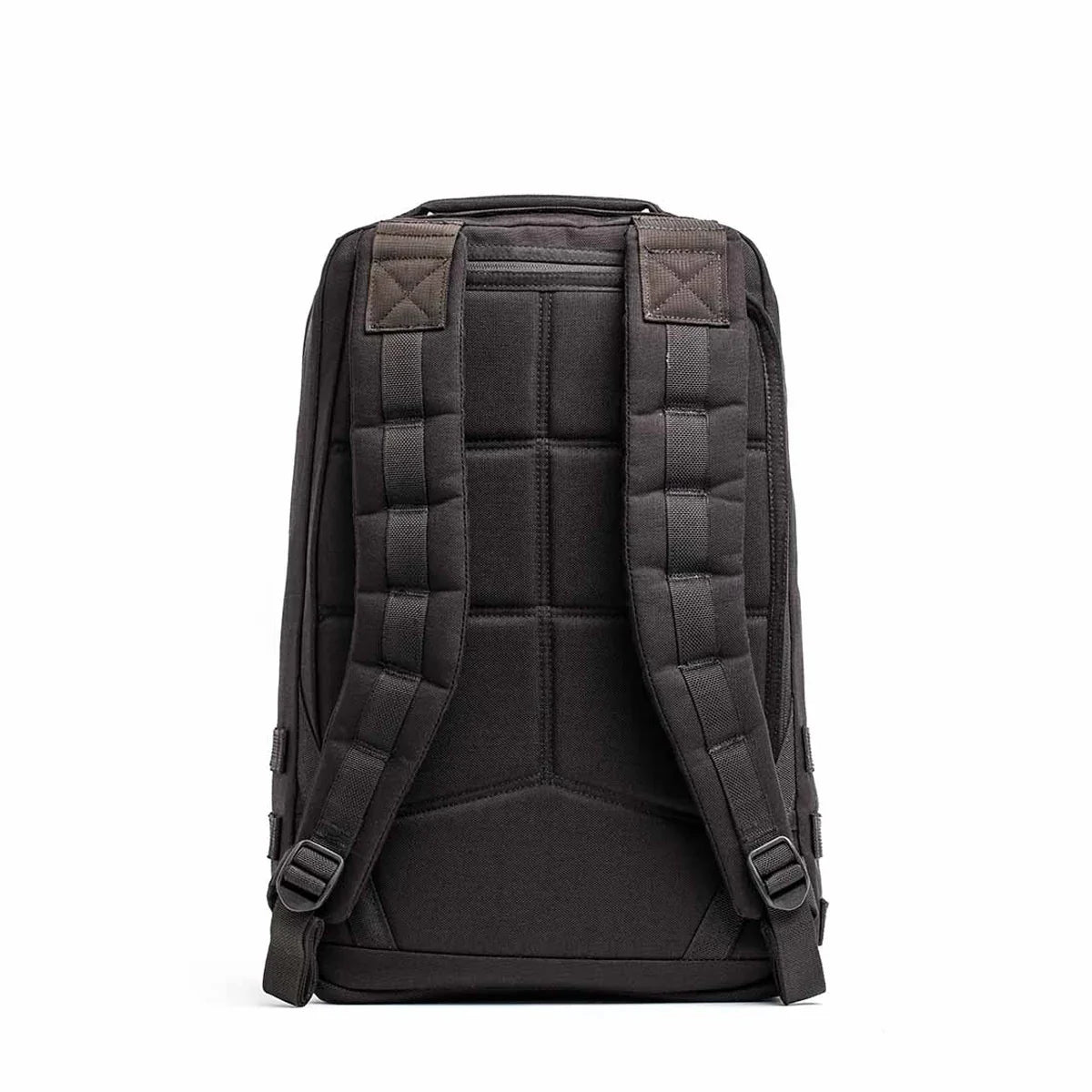 Black GORUCK rucksack with padded back and thick shoulder straps designed for durability and comfort