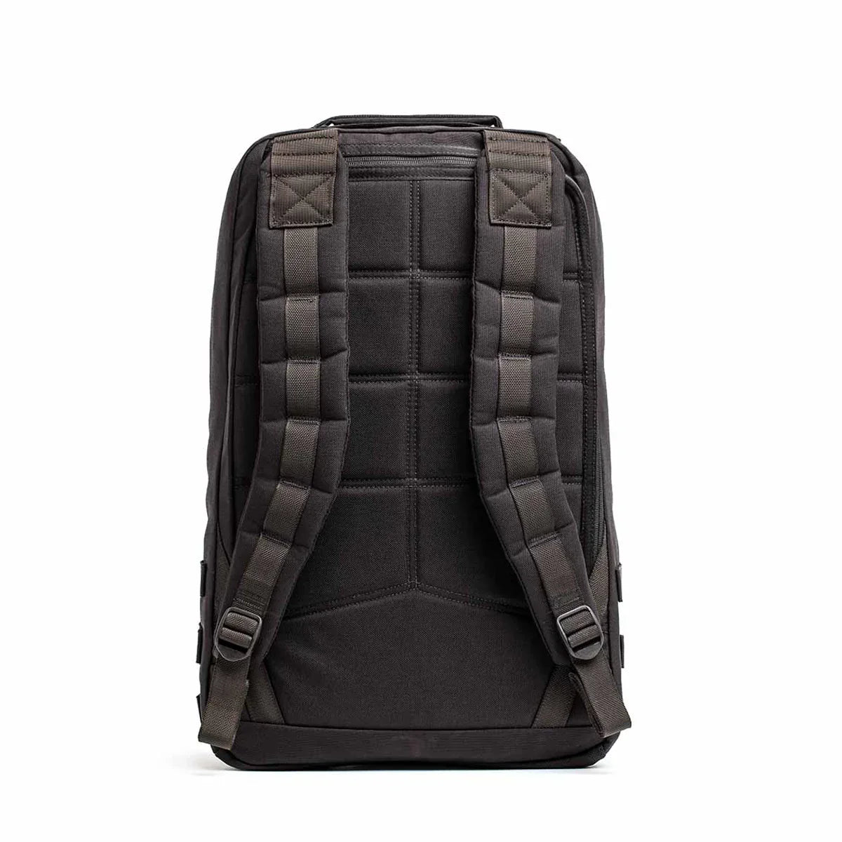 Back view of black GORUCK rugged padded backpack with adjustable shoulder straps on white background